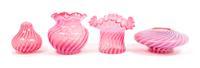 A Collection of Four Cranberry Swirl Decorated Articles Height of tallest 4 3/4 inches.