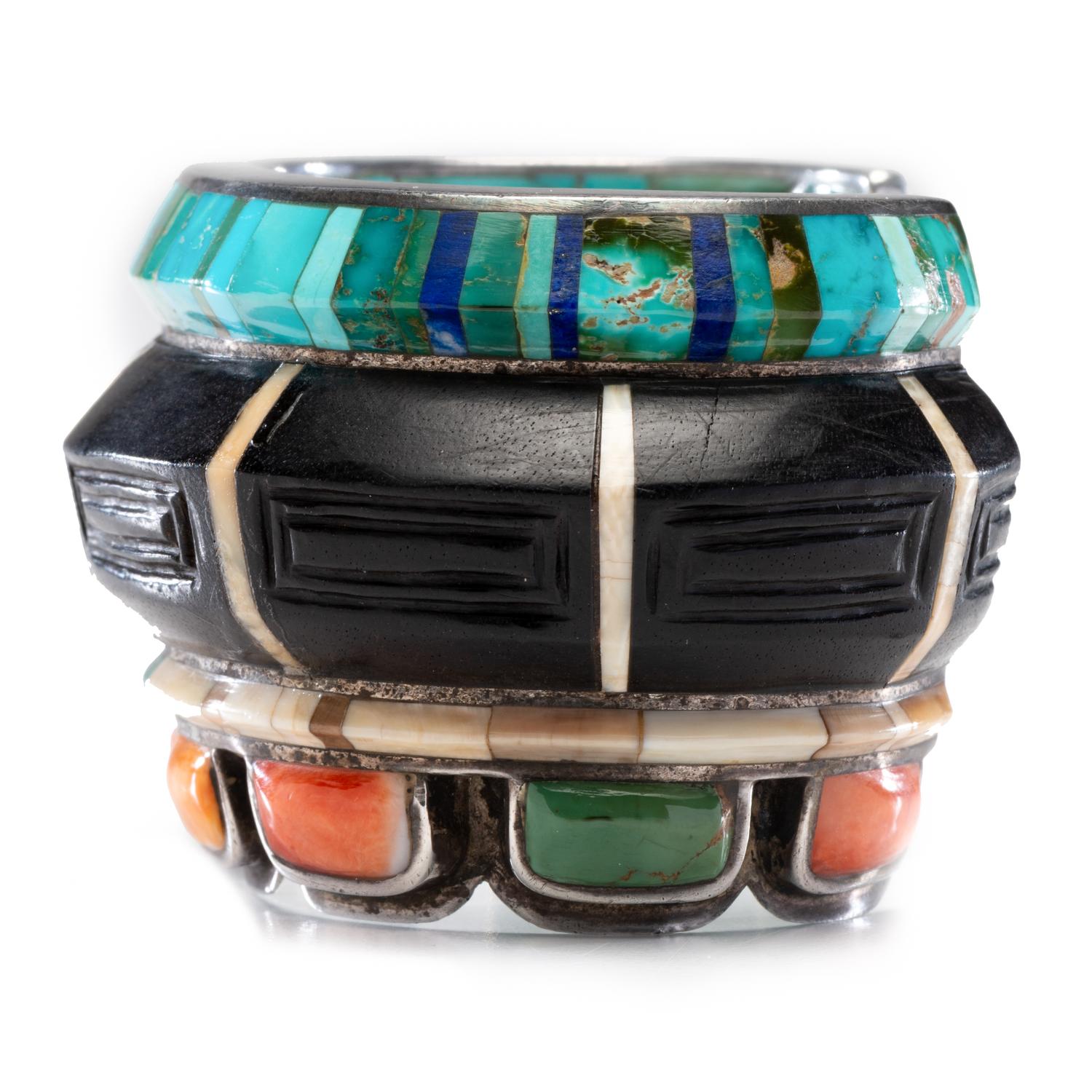 Silver Cuff Bracelet, with Mosaic Inlay on Interior and Exterior Lot is located and will ship from Denver, Colorado.