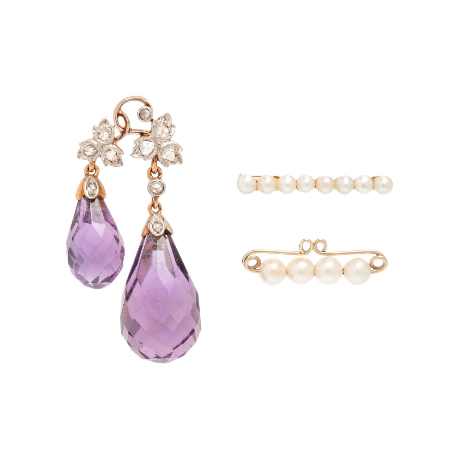 Amethyst and Diamond Pendant and Two Seed Pearl Pins