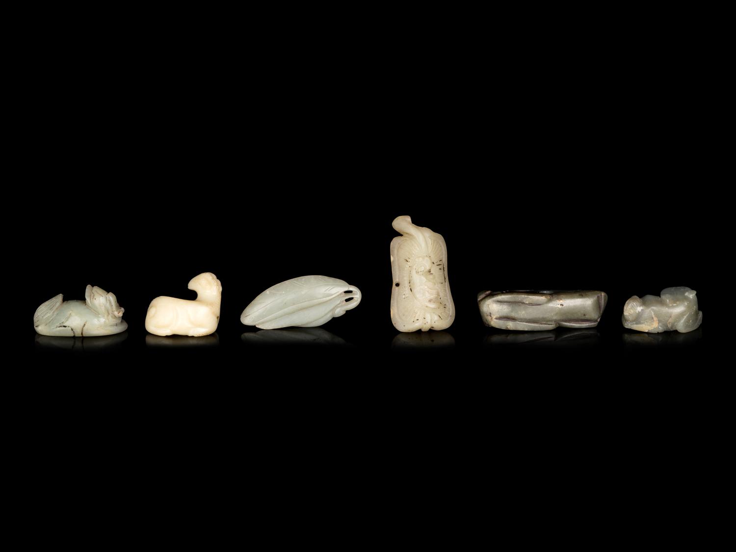 Six Chinese Celadon Jade Carvings of Animals and Fruits