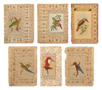 A Group of Six Persian Illuminated Manuscript Pages with Bird Illustrations