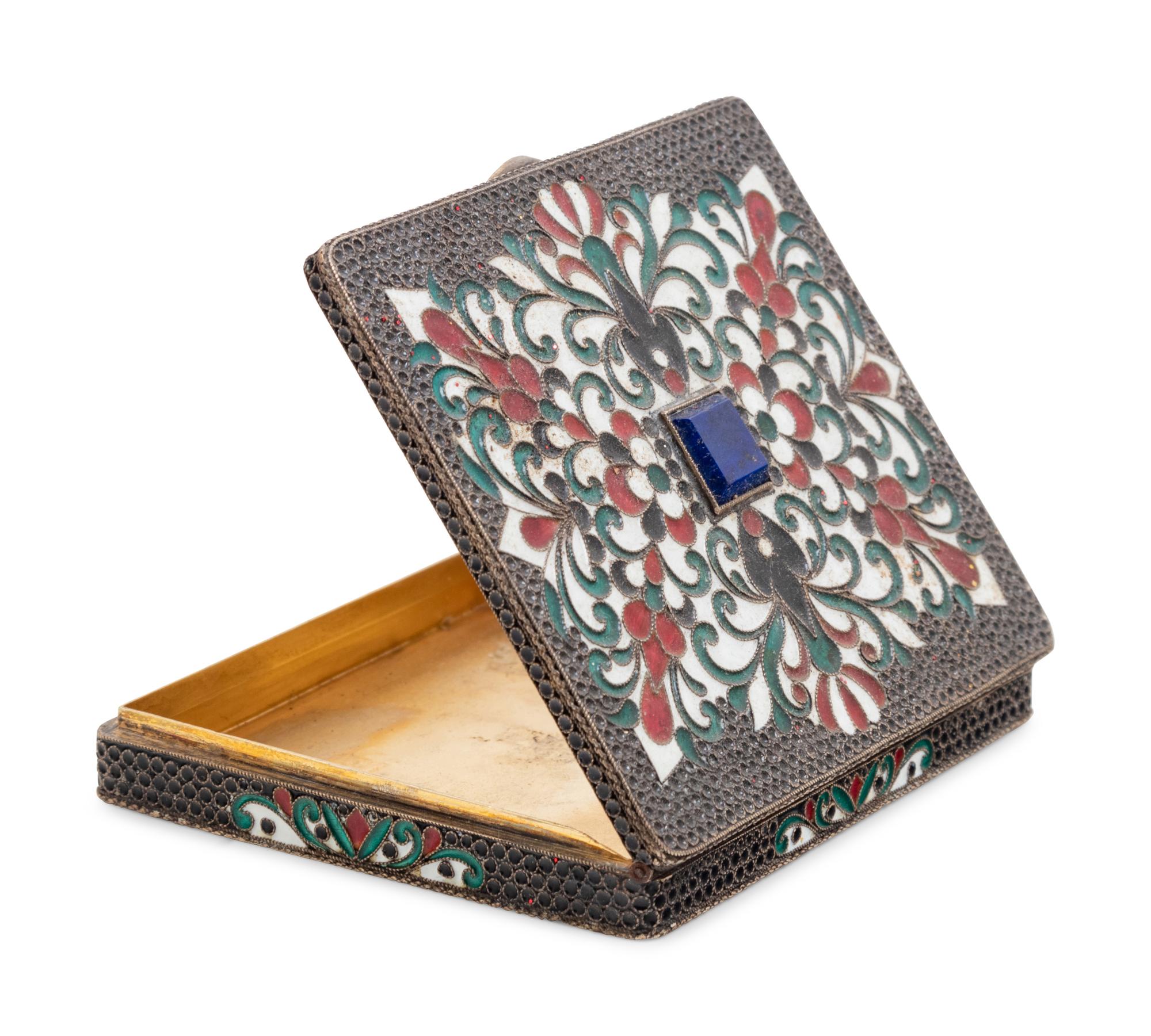 A Russian Enameled Silver and Lapis Lazuli Inset Cigarette Case