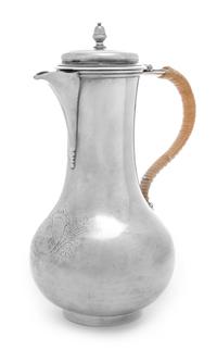A George II Silver Coffee Pot, Ayme Videau, London, 1757, of baluster form with a raffia-wrapped handle, engraved on the body with a co