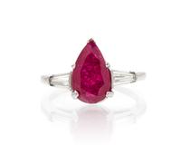 A Platinum, Synthetic Quench Crackled Ruby and Diamond Ring, 3.20 dwts.