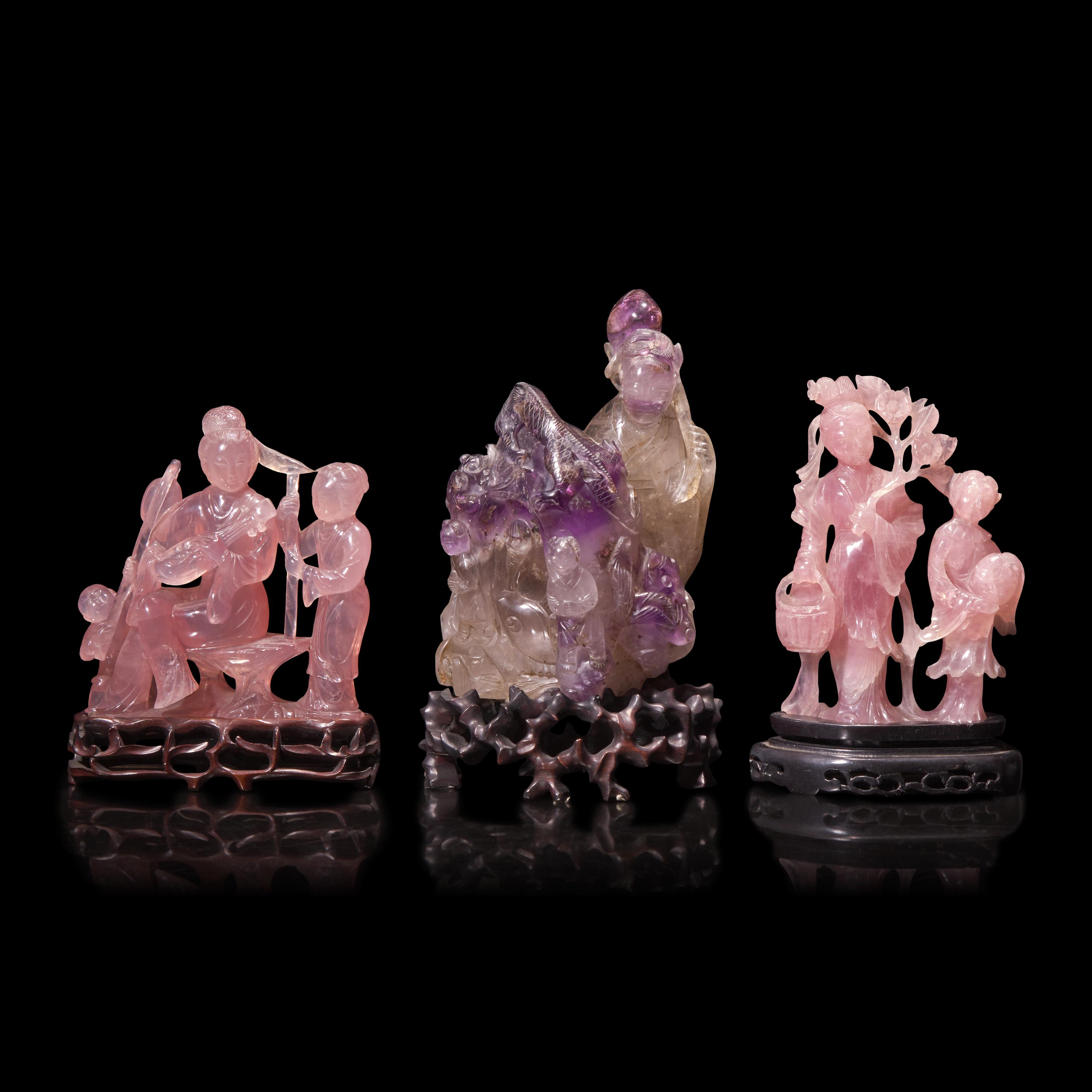 Three Chinese Semiprecious Stone Figural Groups, Late 19th-20th Century — 晚清-民國 粉晶、紫晶仕女擺件三種