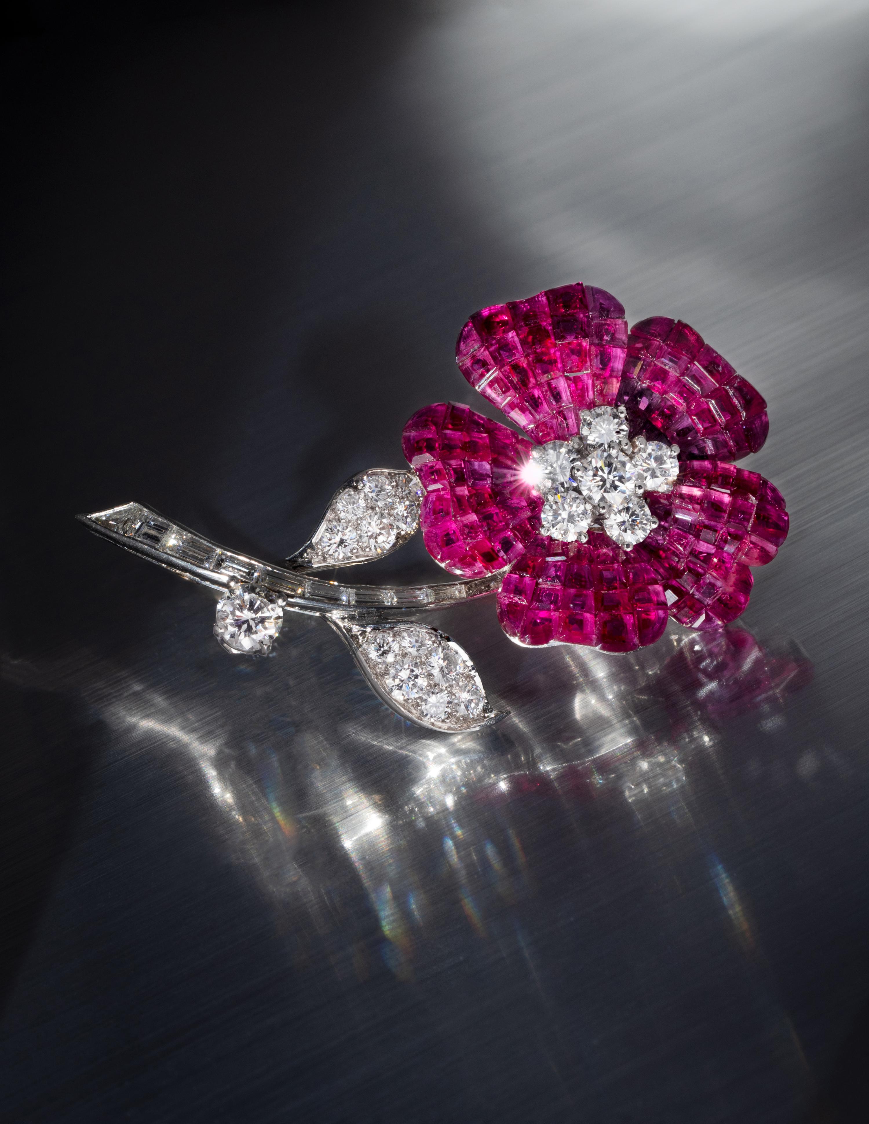 VAN CLEEF & ARPELS, RUBY AND DIAMOND ‘MYSTERY SET’ FLOWER BROOCH