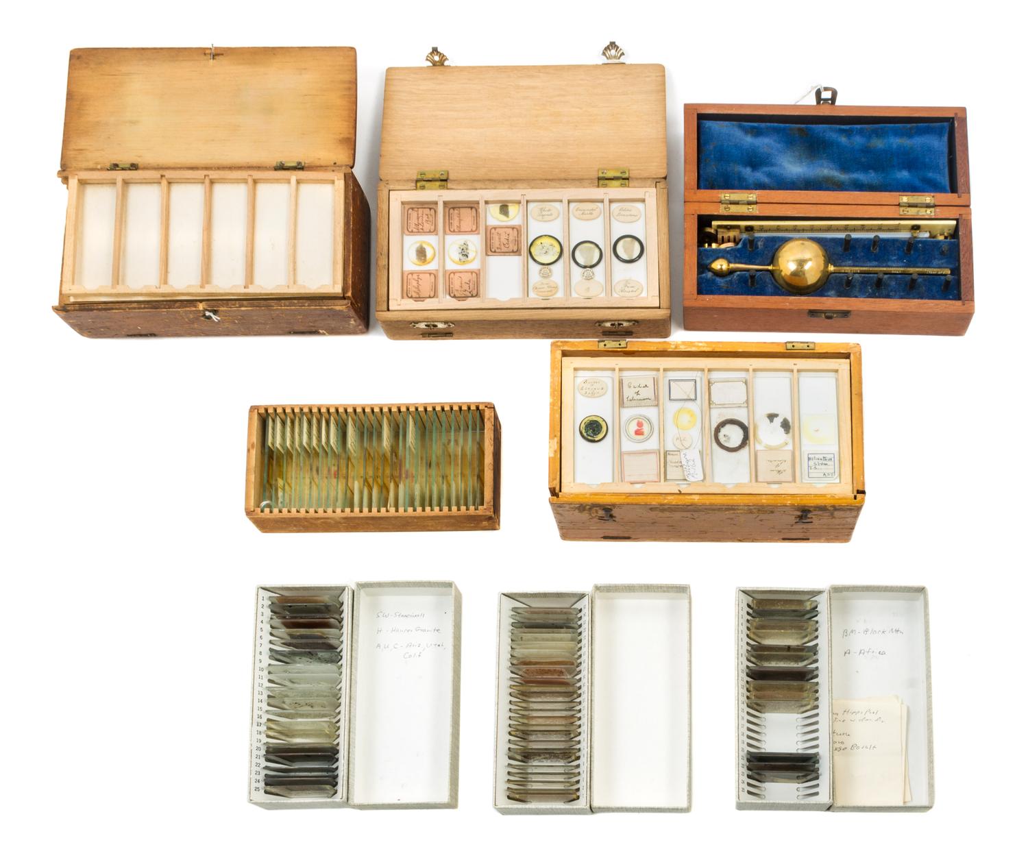 A Collection of Microscope Slide Specimens Width of largest box 8 1/4 inches.