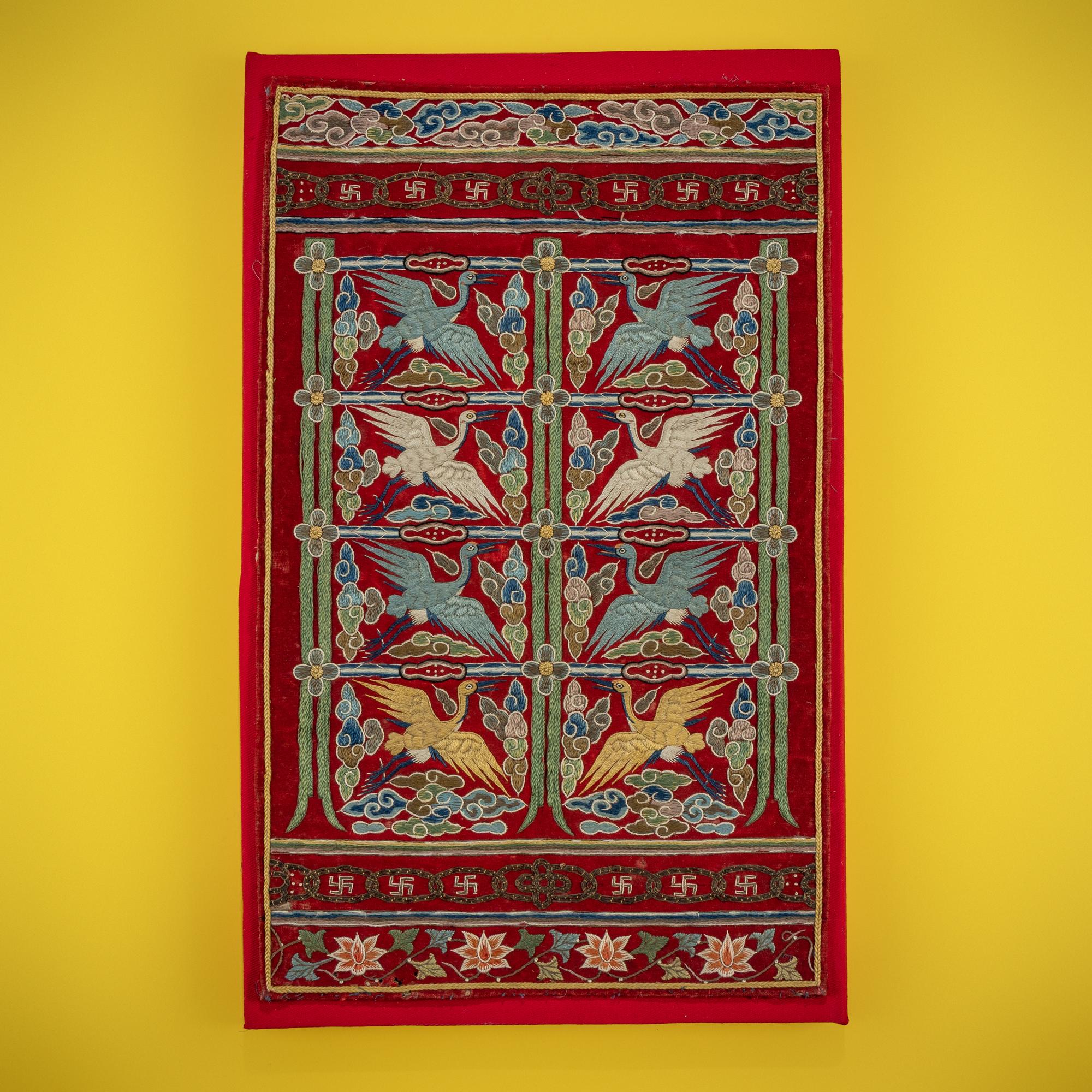 A Korean Embroidered Silk 'Crane' Civil-official Husu, Joseon Dynasty, 19th Century — 朝鮮王朝 紅地綉鶴紋文官後綬