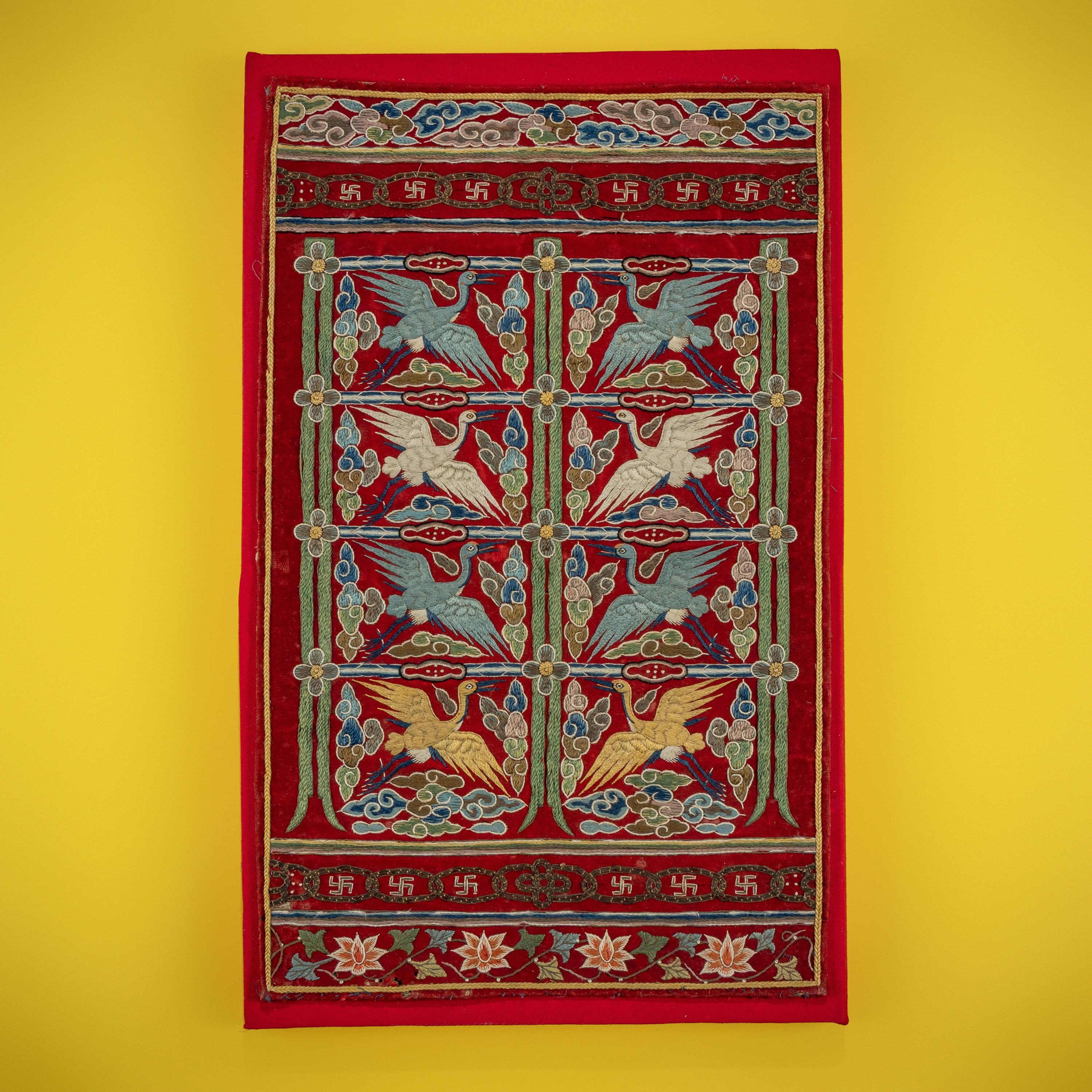 A Korean Embroidered Silk 'Crane' Civil-official Husu, Joseon Dynasty, 19th Century — 朝鮮王朝 紅地綉鶴紋文官後綬
