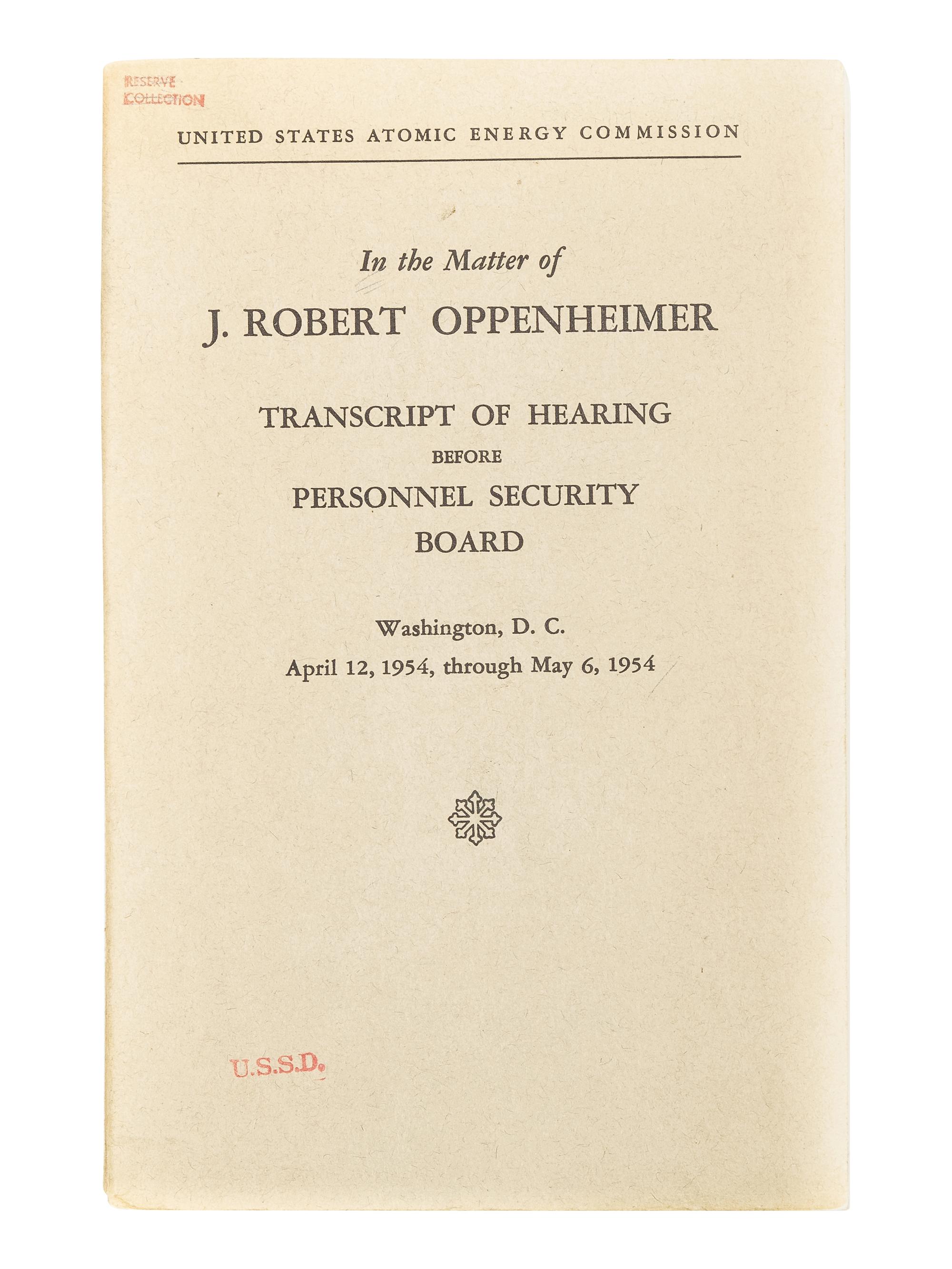 [MANHATTAN PROJECT]. OPPENHEIMER, J. Robert (1904-1967). A group of works relating to Oppenheimer from the library of American scientist and chairman of the National bureau of Standards, Wallace R. Brode (1900-1974), comprising: