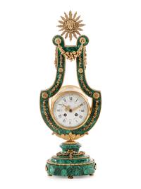 A Louis XIV Style Gilt Metal Mounted Malachite Veneered Harp Clock