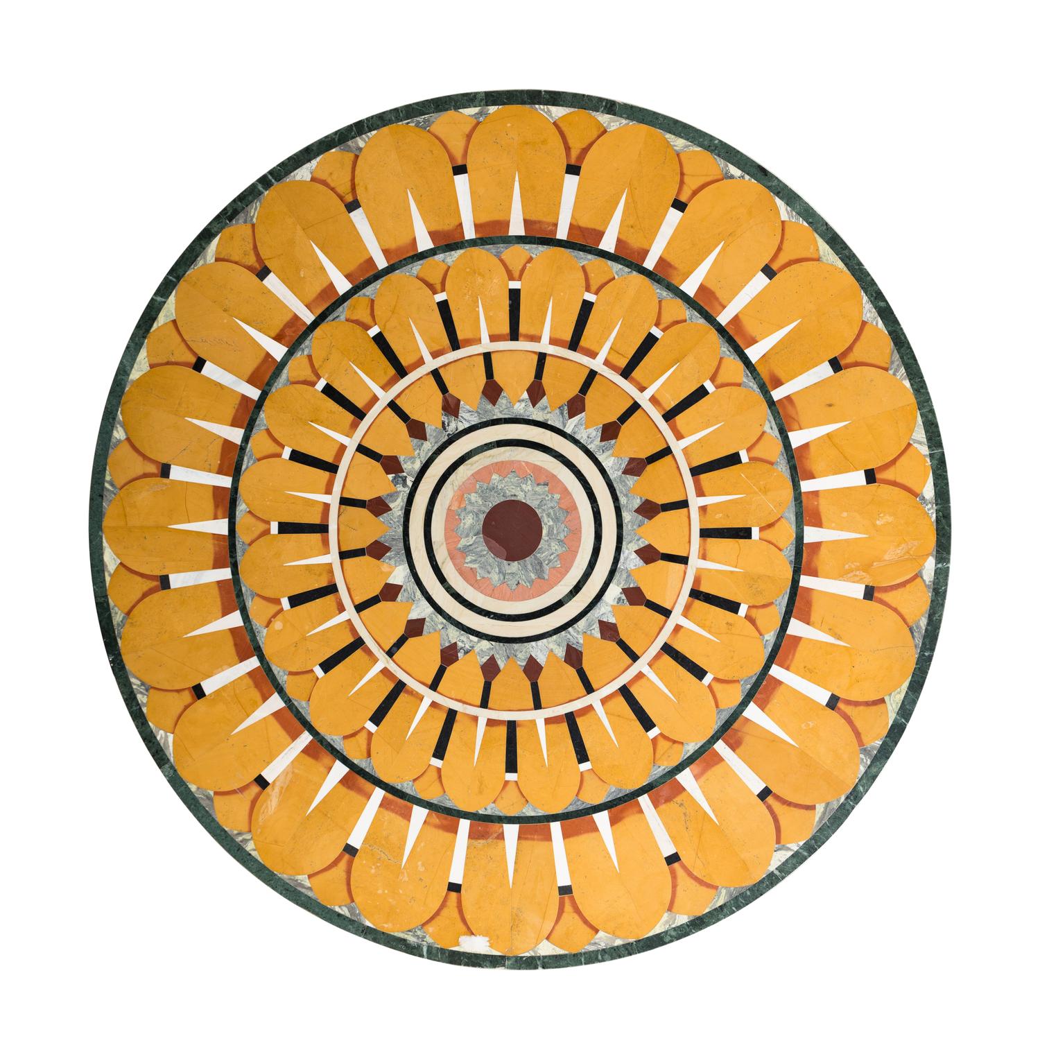 A Continental Specimen Marble Table Top with an Associated Verdigris Bronze Base
