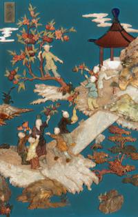 A Pair of Chinese Jade and Hardstone Inlaid and Cinnabar Lacquered Hanging Screens, 20th Century 近代 剔紅框藍地嵌寶童子圖挂屏一對