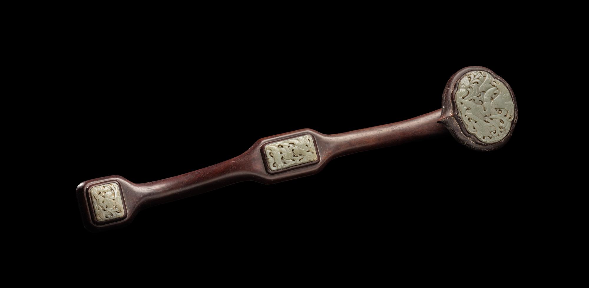 A Chinese Celadon Jade Inset Hardwood Ruyi Scepter