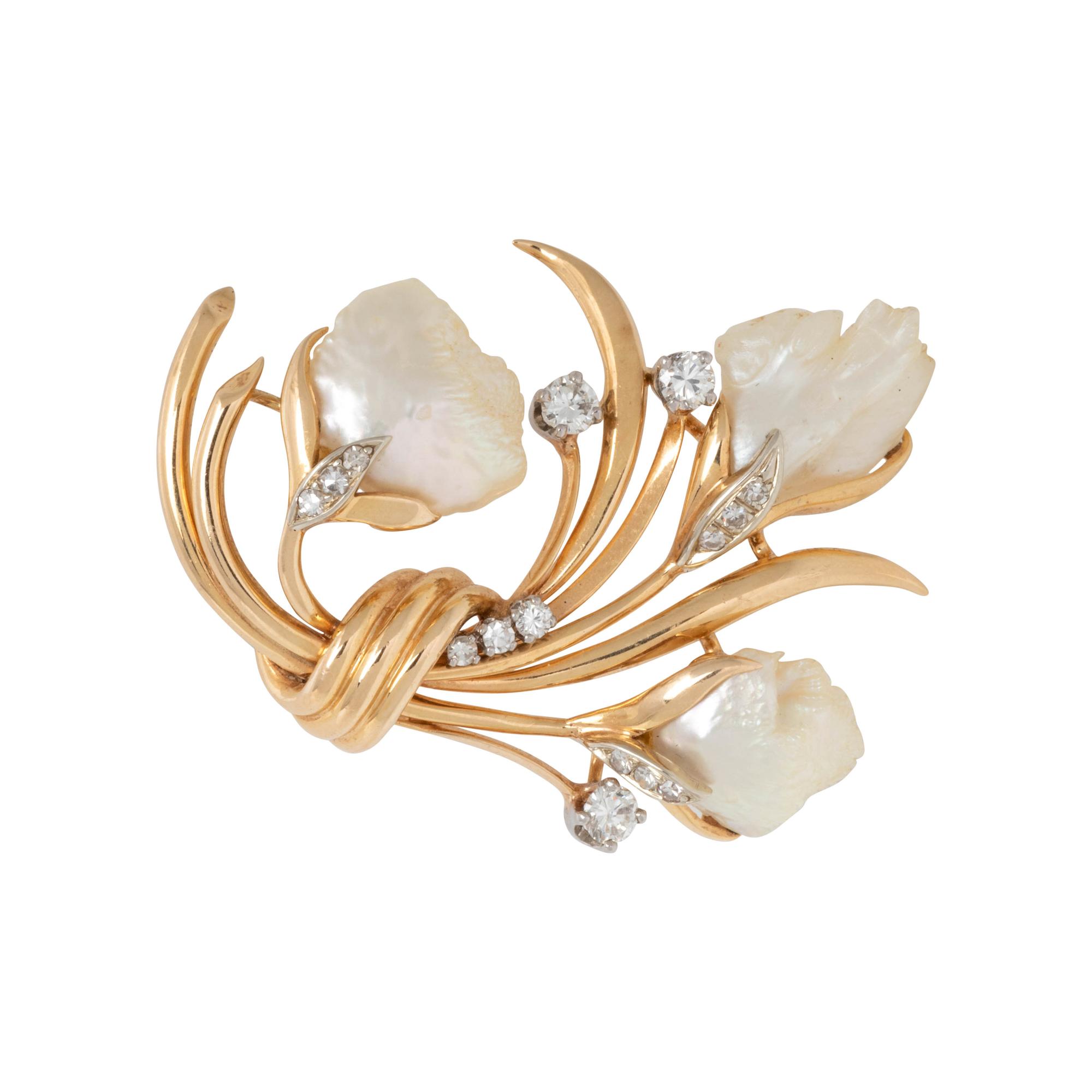 CULTURED PEARL AND DIAMOND BROOCH