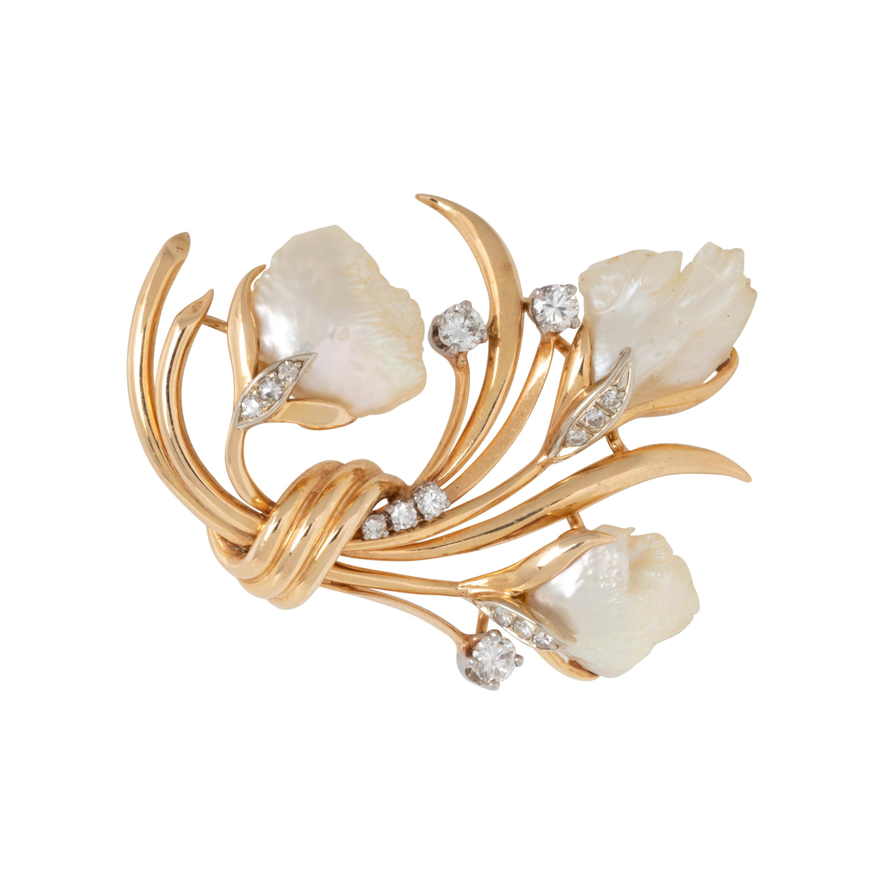CULTURED PEARL AND DIAMOND BROOCH