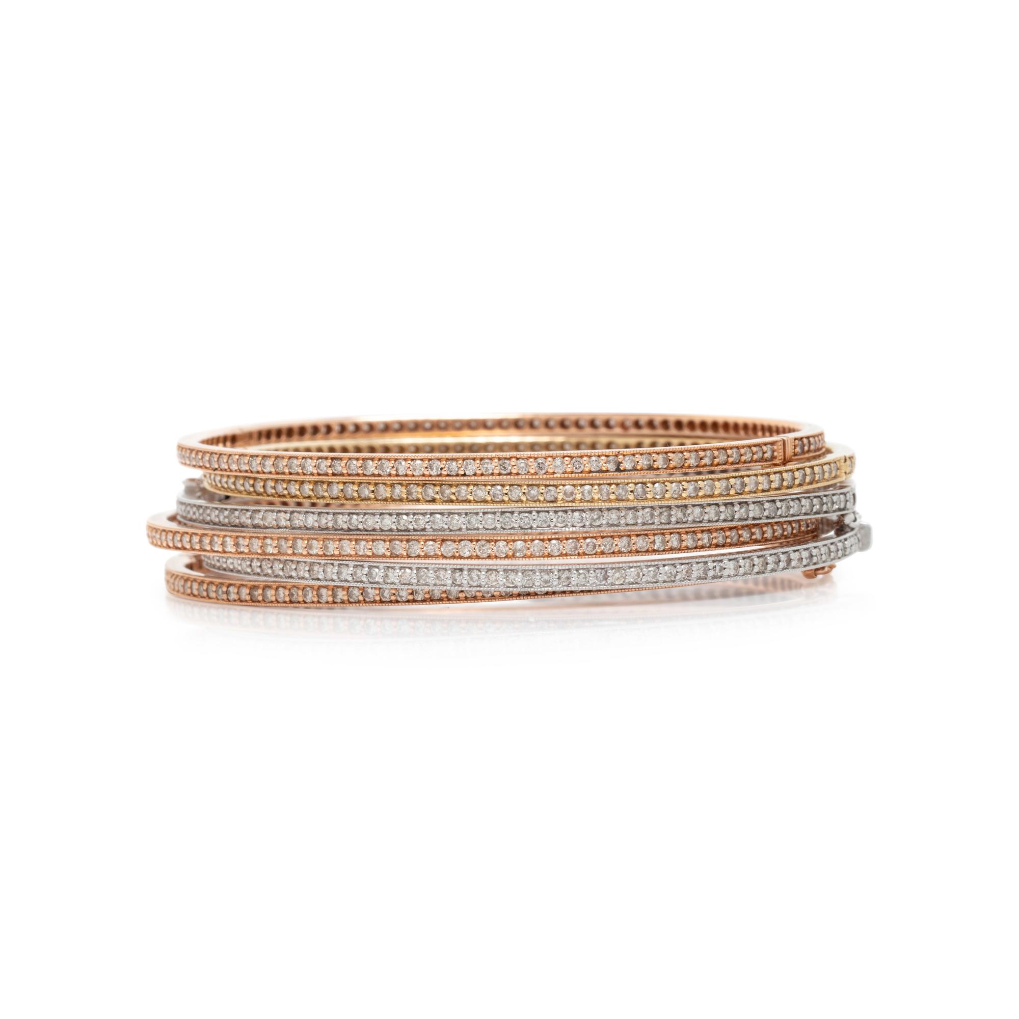 TRICOLOR GOLD AND DIAMOND STACKING BANGLE BRACELETS