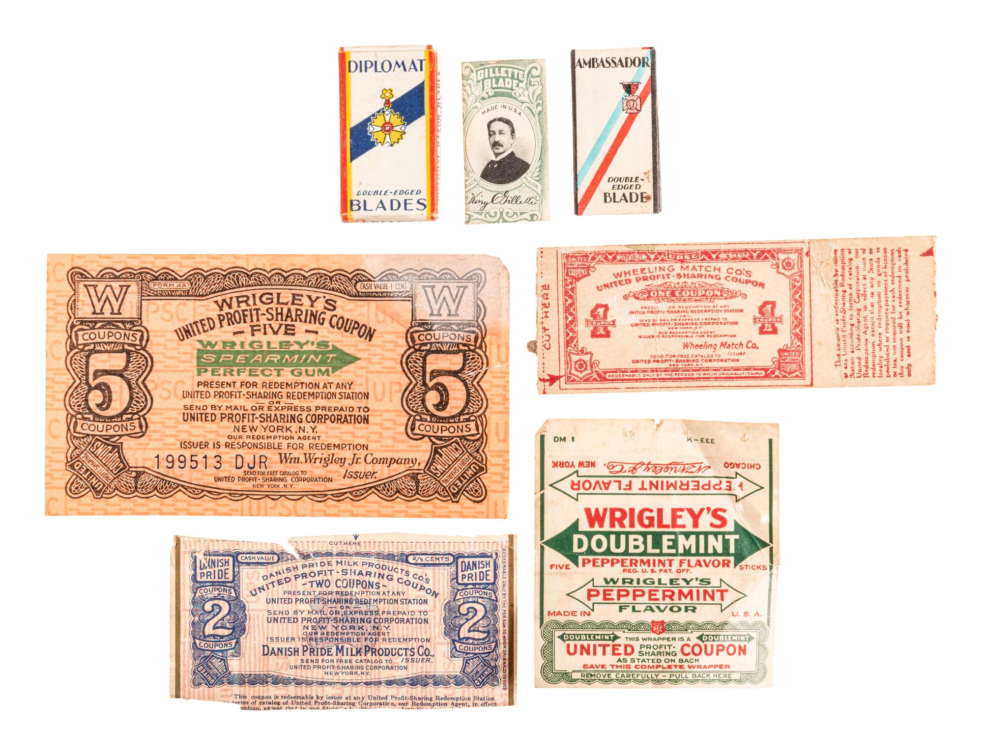 [ART AND ADVERTISING] A diverse assortment of ephemera including razor blades, advertising cards from the Chicago World's Fair, Murray's catalog of horse-drawn vehicles from 1912, red trading stamps, and more.