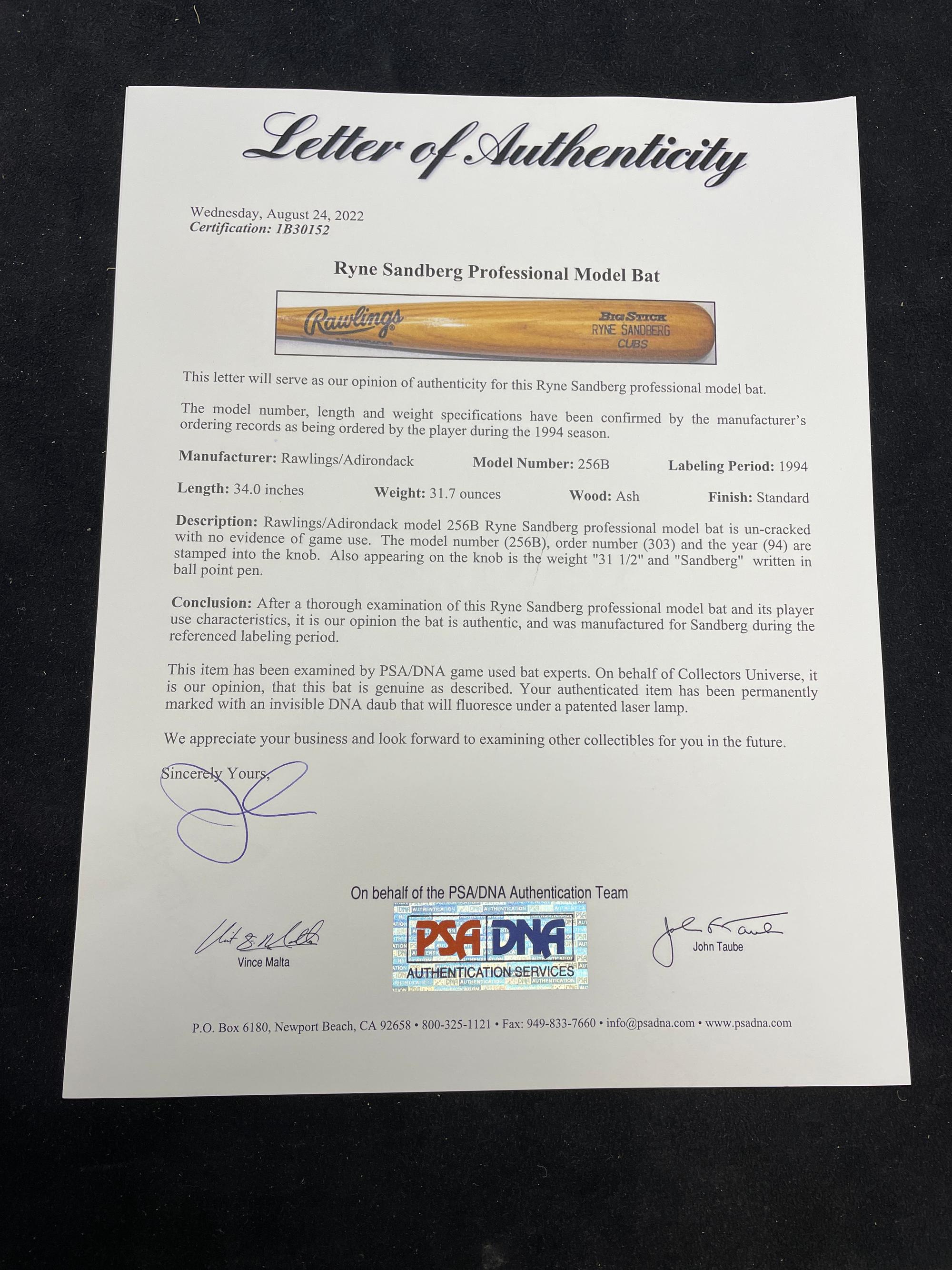 A Ryne Sandberg Authentic 1994 Professional Model Bat (PSA Certified),
