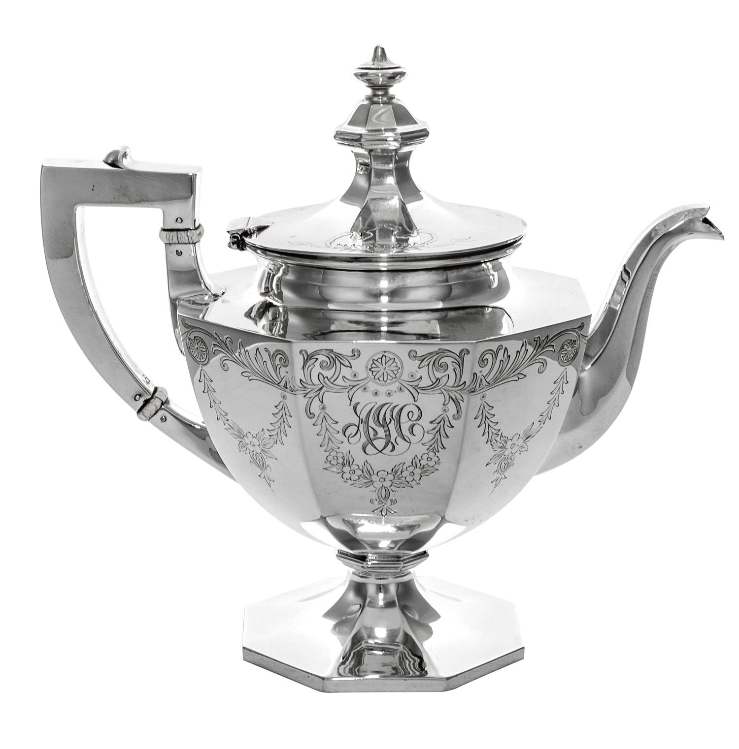 An American Silver Teapot, Gorham Mfg. Co., Providence, RI, of tapering octagonal form, with insulators.