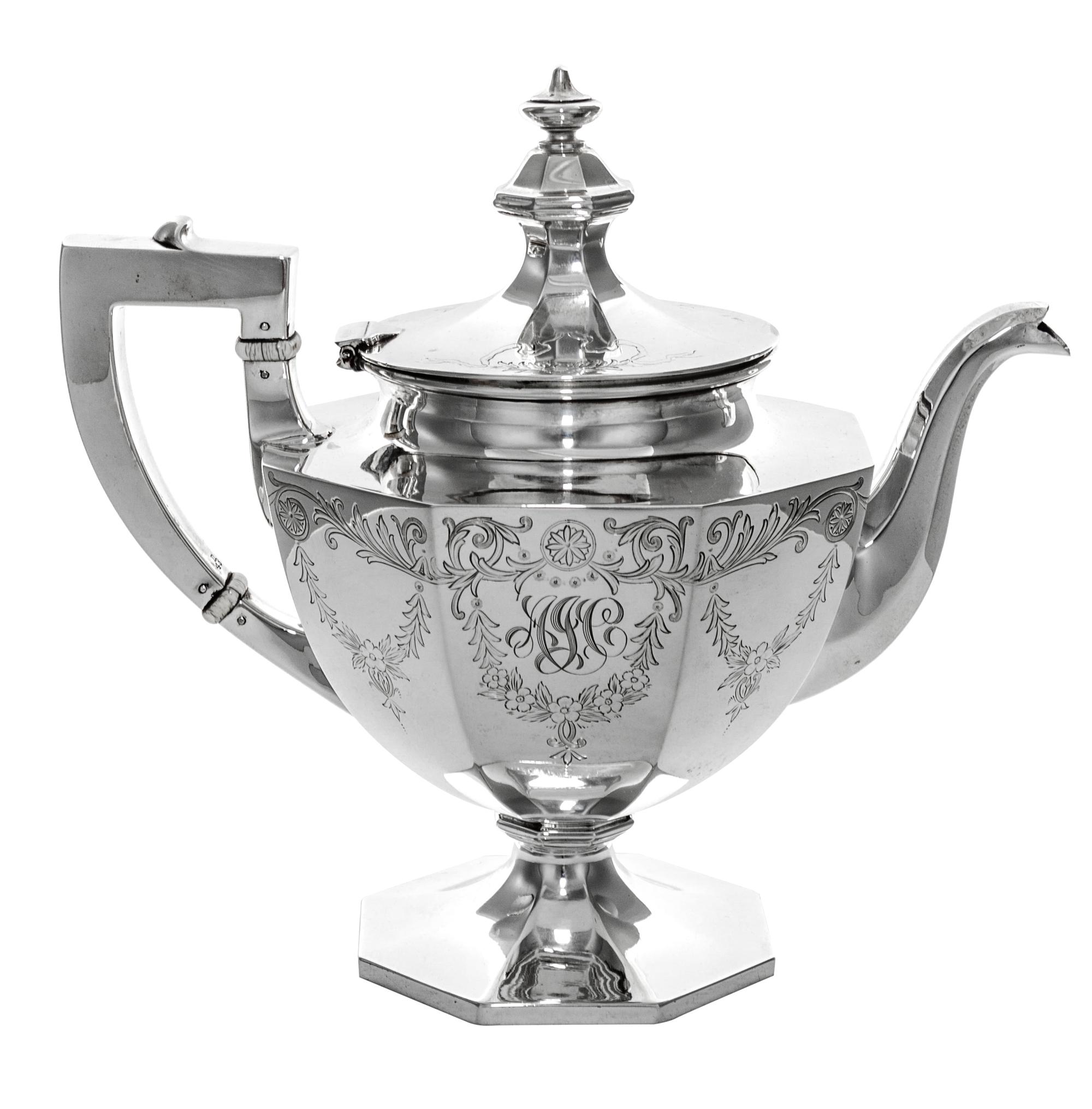 An American Silver Teapot, Gorham Mfg. Co., Providence, RI, of tapering octagonal form, with insulators.