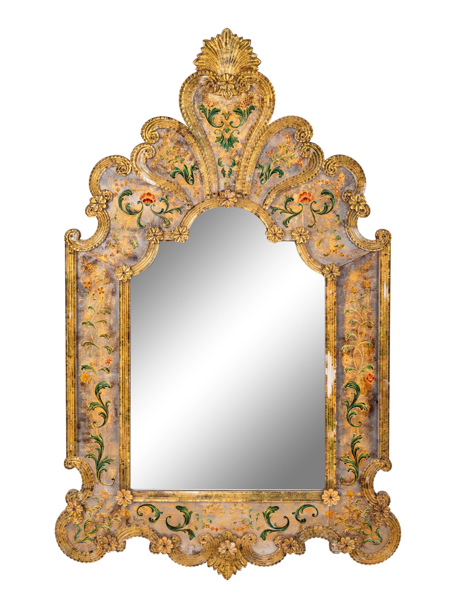 A Venetian Reverse-Painted Glass Mirror