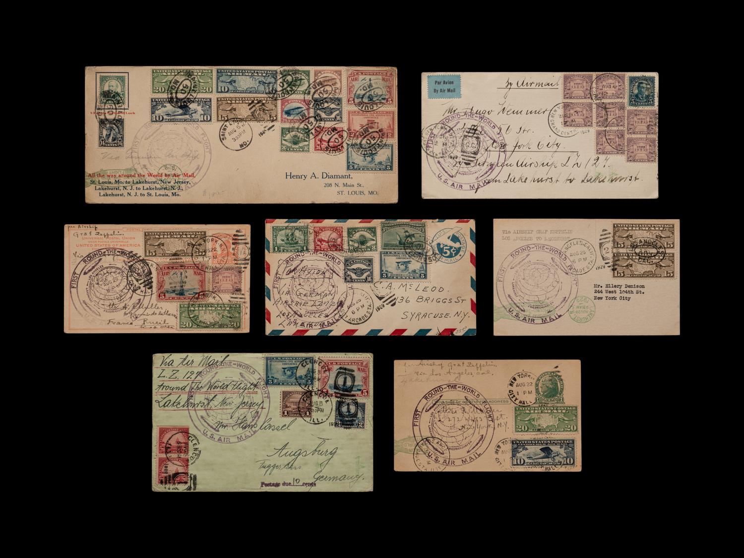 [FLIGHT COVER] 1929. A Group of Four Flight Covers and Three Postcards from the FIRST ROUND-THE-WORLD-FLIGHT Via the Graf Zeppelin (AAMC Z72e and Z-72f).