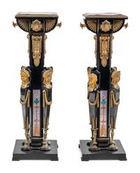 A Pair of Egyptian Revival Gilt Bronze and Porcelain Mounted Ebonized Pedestals