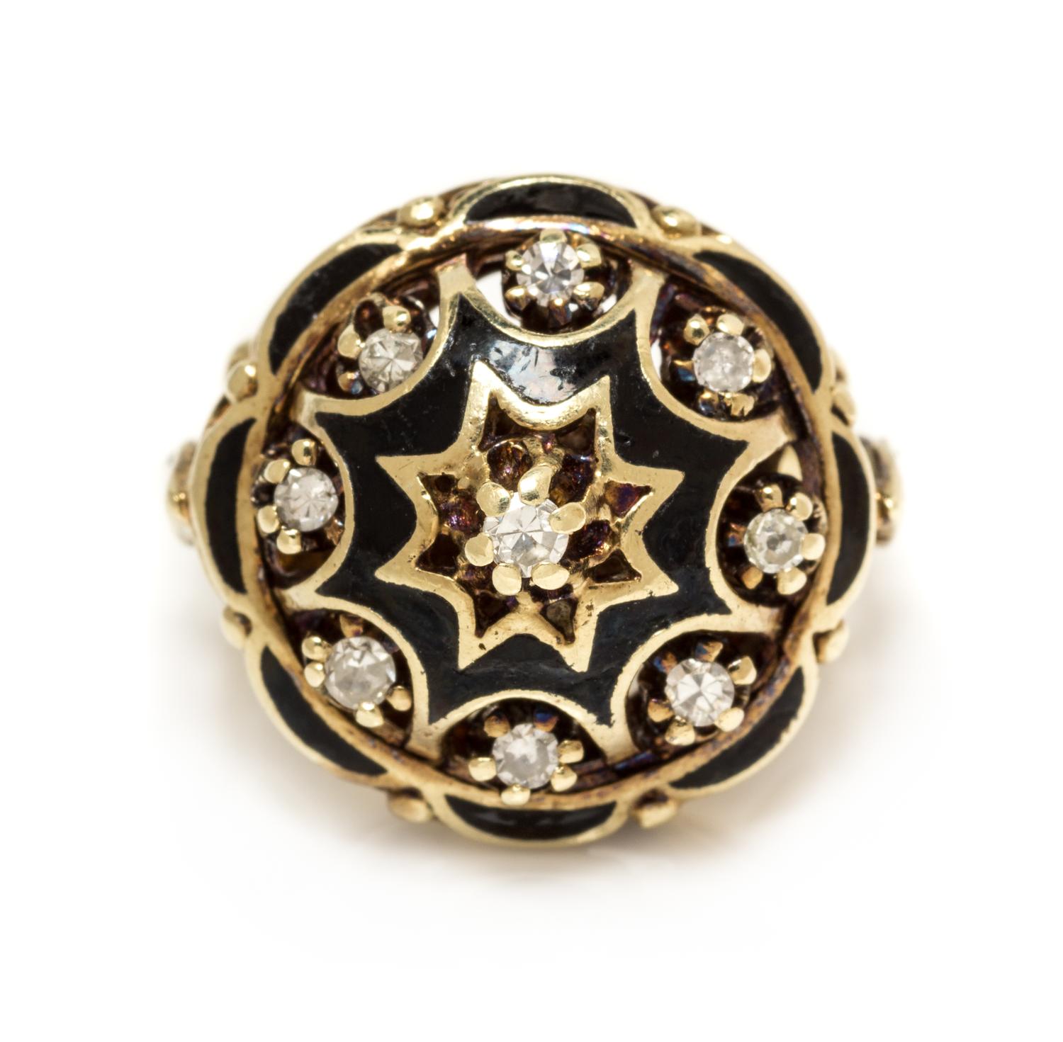 A 14 Karat Yellow Gold, Diamond and Enamel Ring,