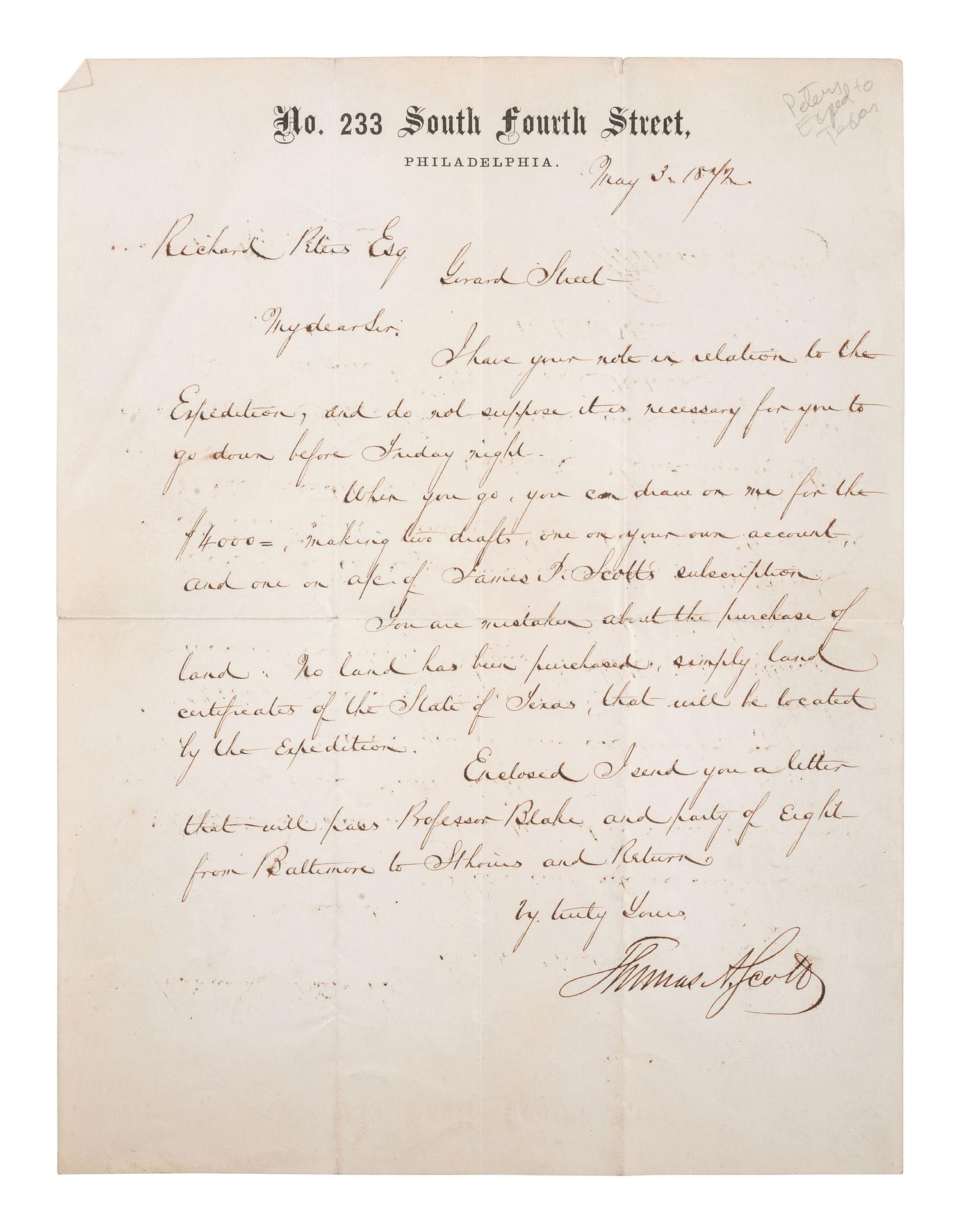 [INDUSTRIALIST]. SCOTT, Thomas A. (1823-1881). Letter signed. Philadelphia, 3 May 1872.