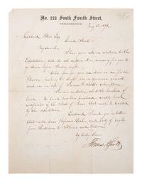 [INDUSTRIALIST]. SCOTT, Thomas A. (1823-1881). Letter signed. Philadelphia, 3 May 1872.
