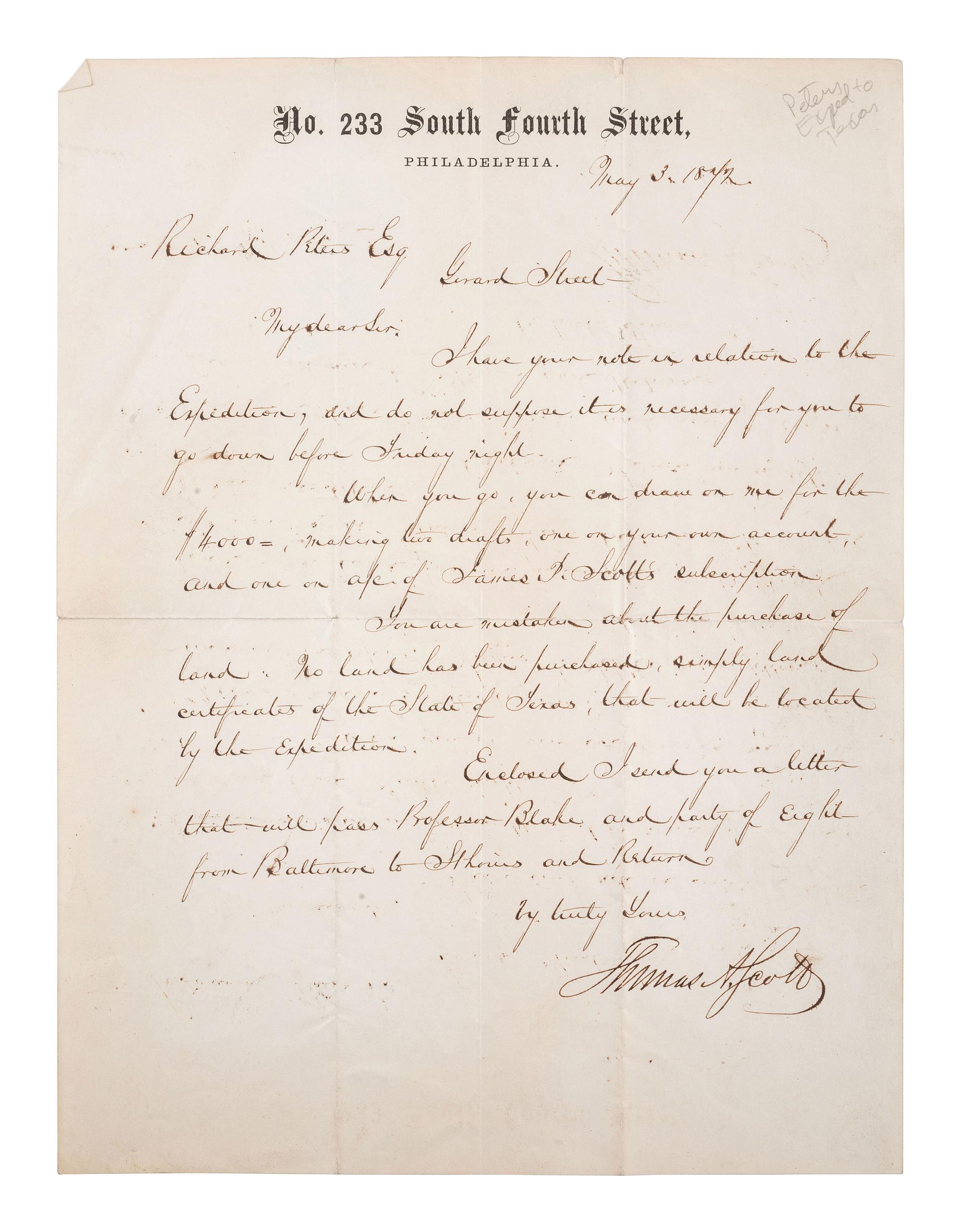 [INDUSTRIALIST]. SCOTT, Thomas A. (1823-1881). Letter signed. Philadelphia, 3 May 1872.