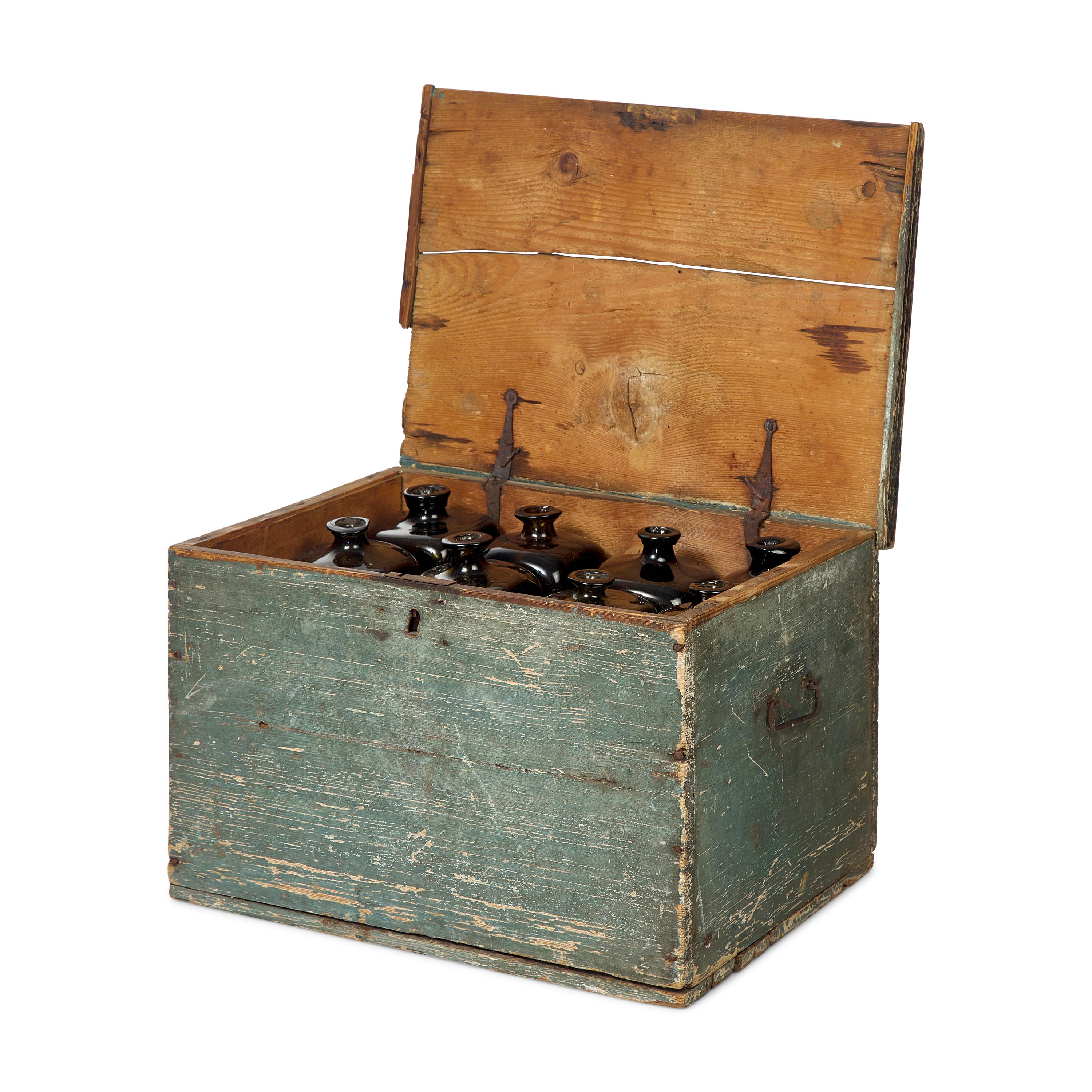 A Federal Blue Painted Bottle Chest with Twelve Glass Bottles