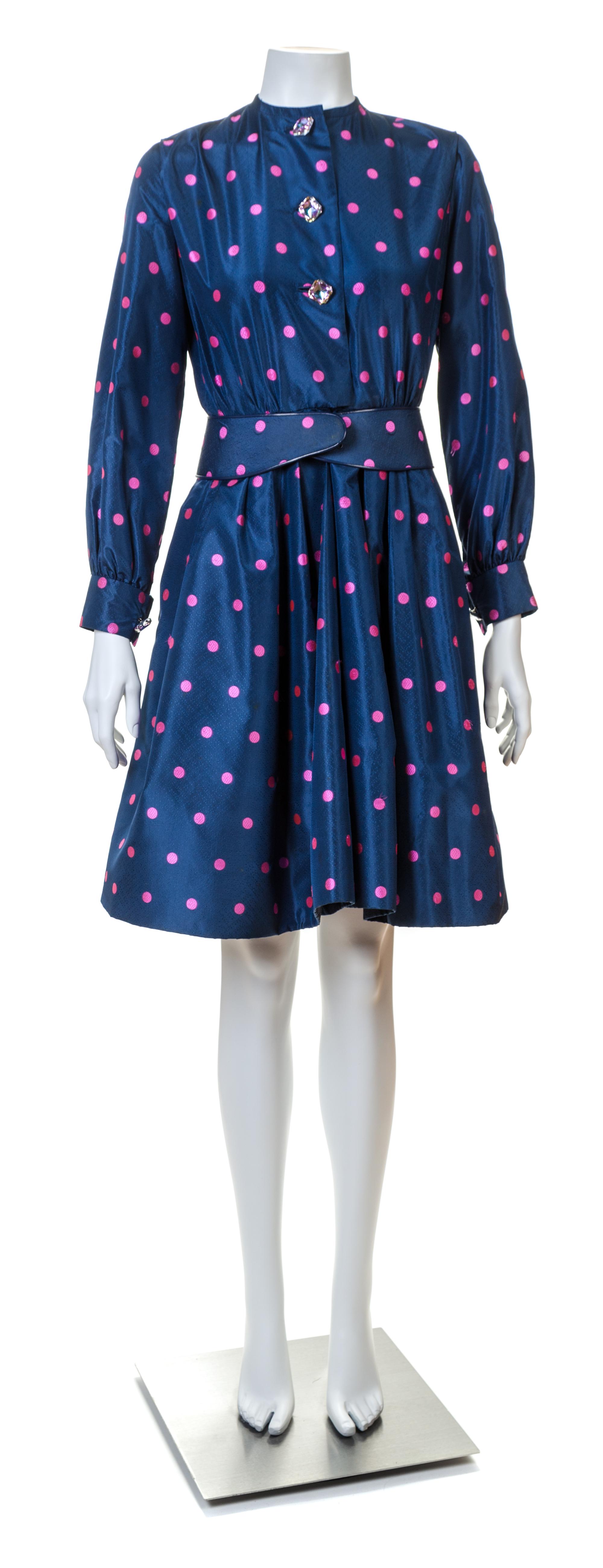 A Galanos Navy and Pink Silk Polka Dot Dress, No size; Belt: 30" x 2.75".