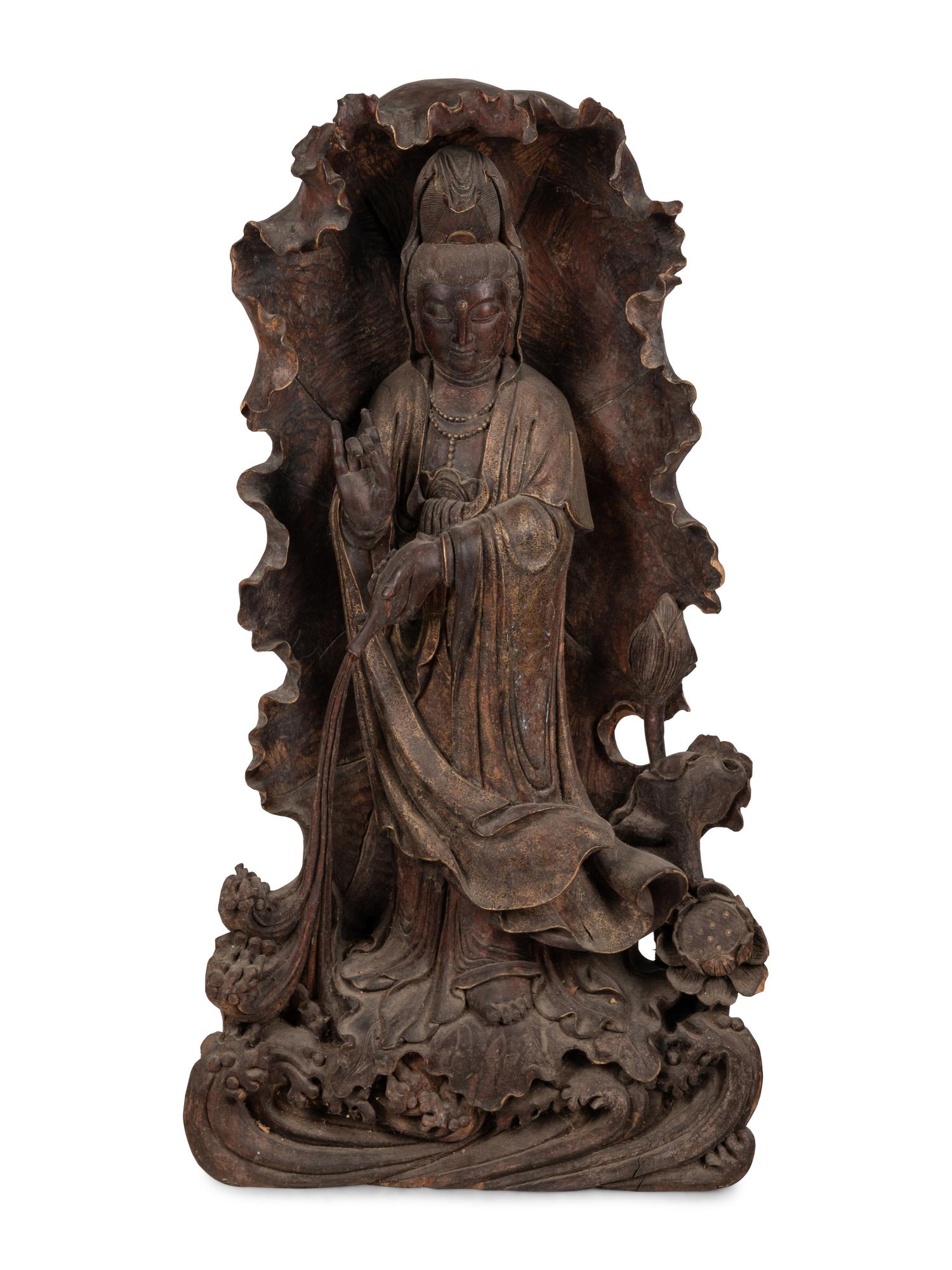 A Monumental Chinese Parcel Gilt Carved Harwood Figure of Guanyin