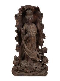 A Monumental Chinese Parcel Gilt Carved Harwood Figure of Guanyin