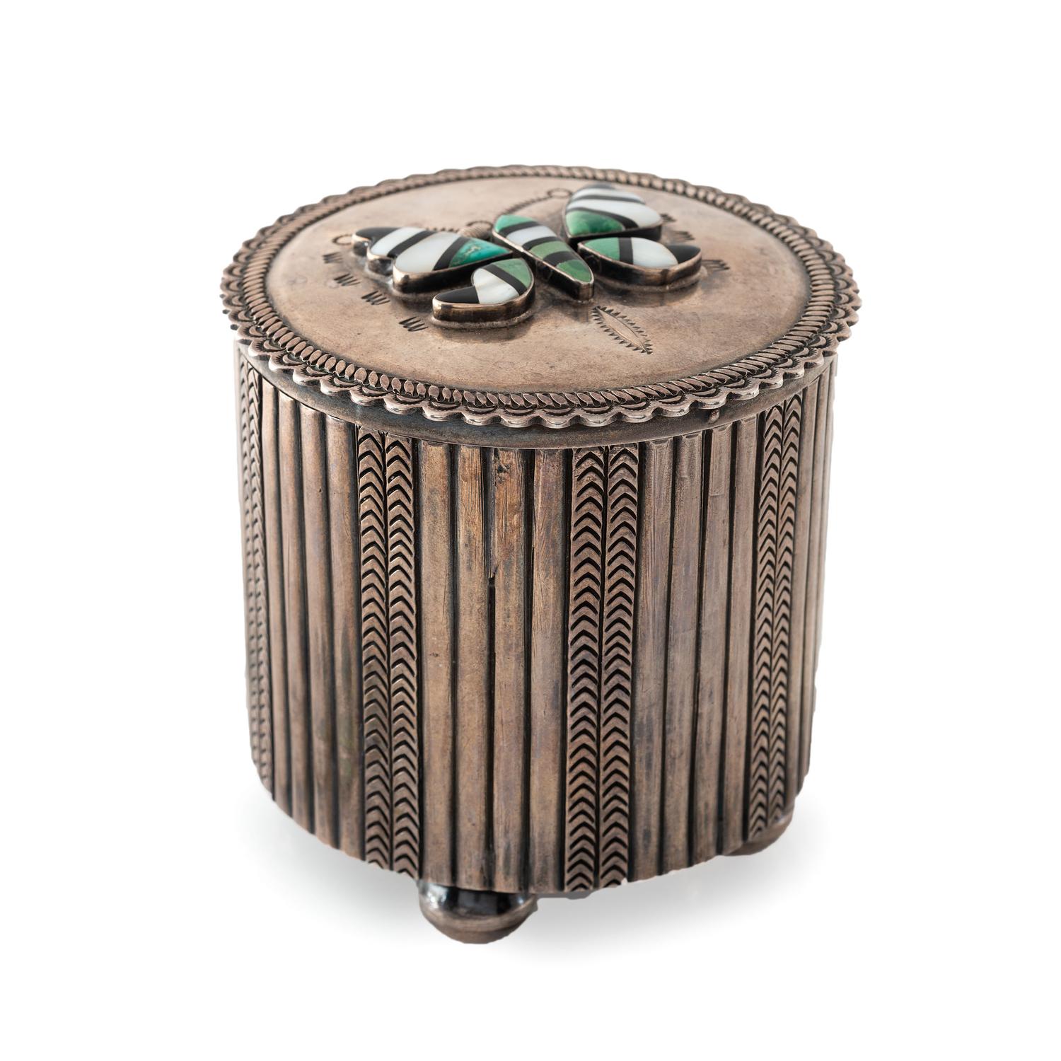 Navajo Stamped Silver Lidded Box, with Zuni Mosaic Inlay Butterfly