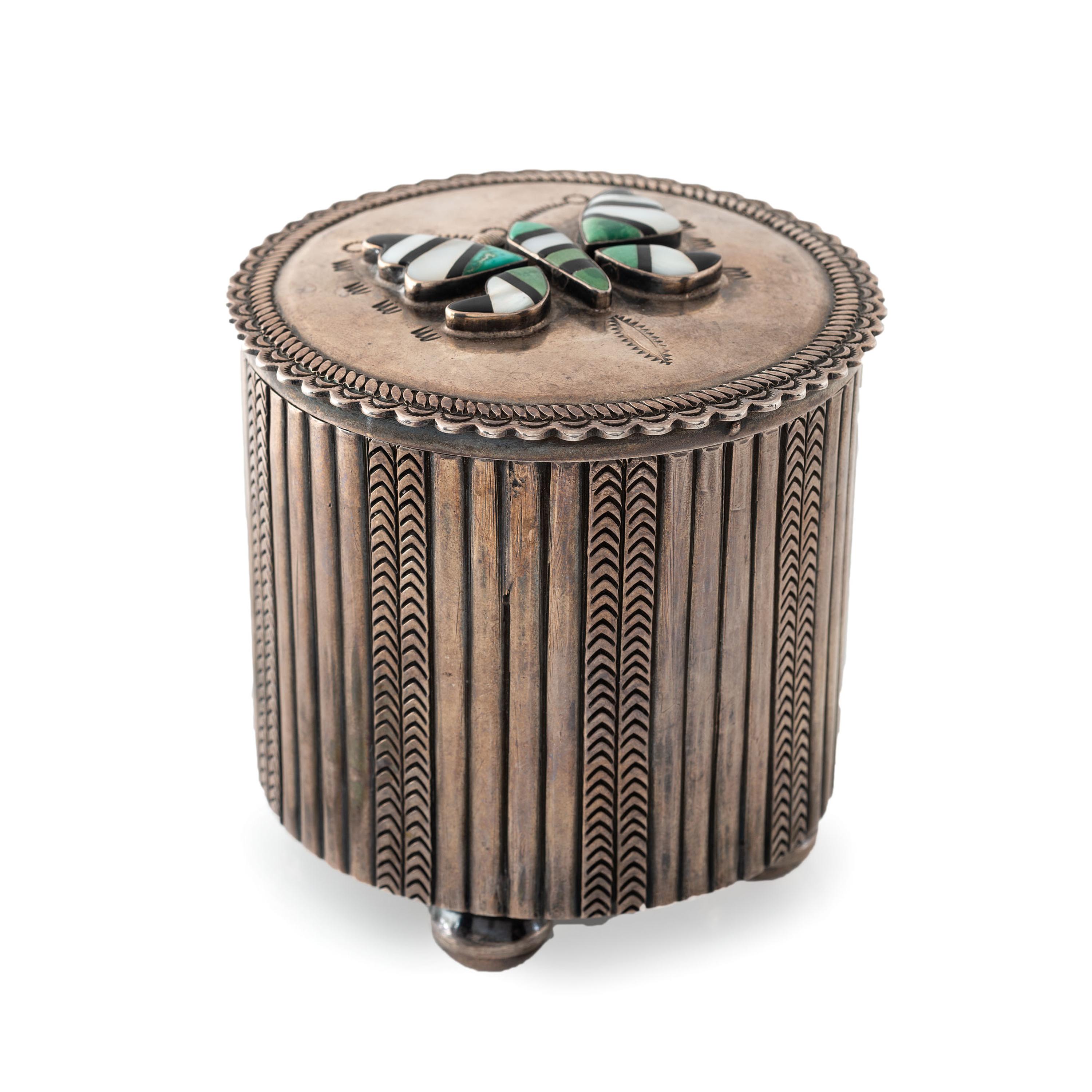 Navajo Stamped Silver Lidded Box, with Zuni Mosaic Inlay Butterfly