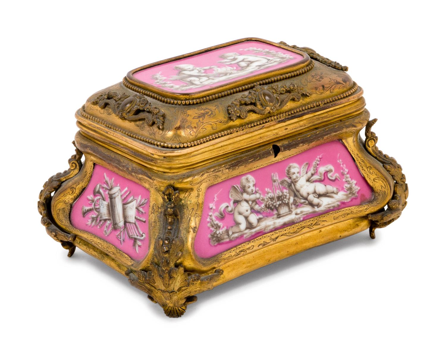 A French Gilt Bronze and Porcelain Inset Table Casket