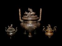 Three Japanese Bronze Tripod Incense Burners and Covers