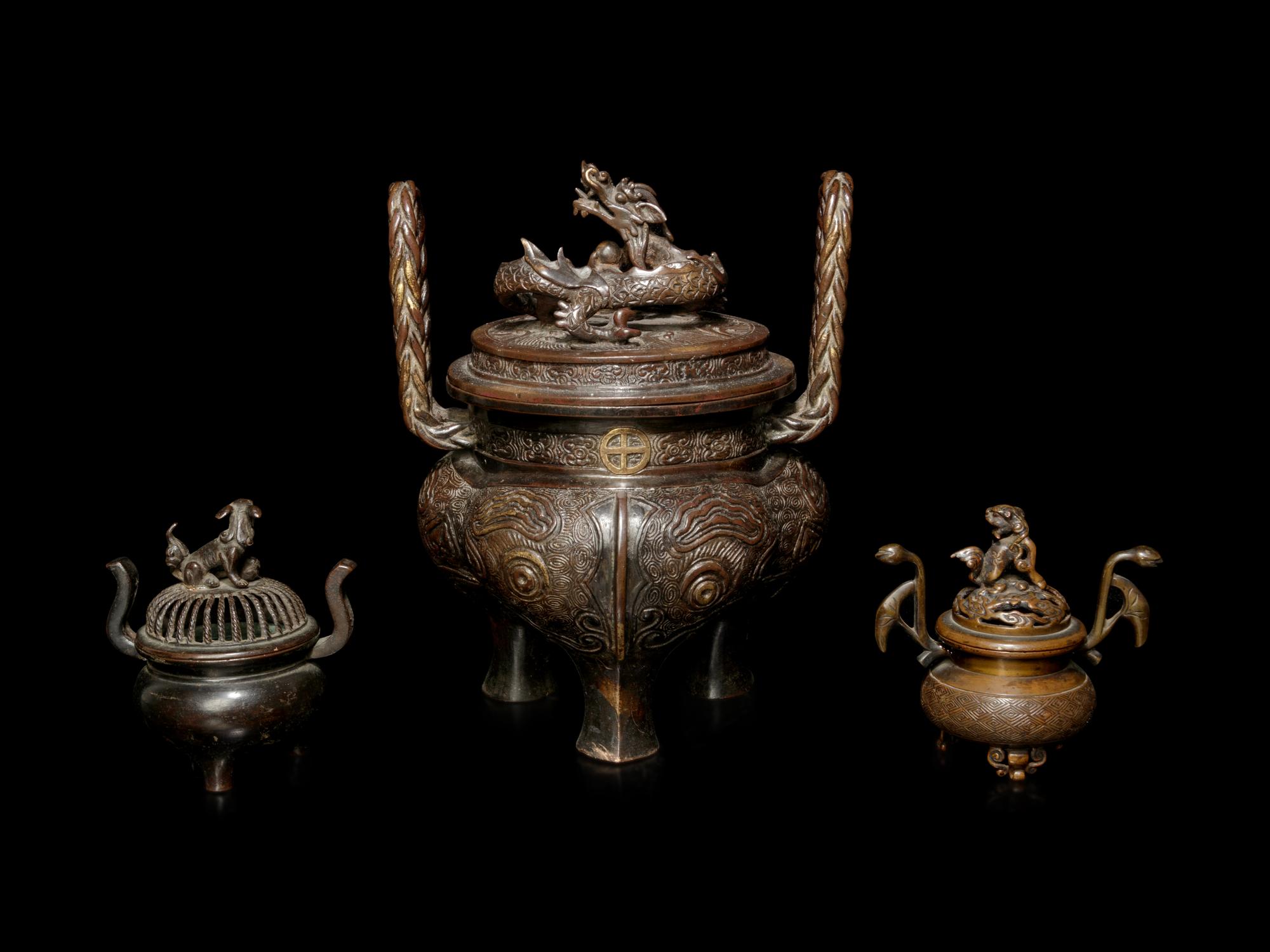 Three Japanese Bronze Tripod Incense Burners and Covers