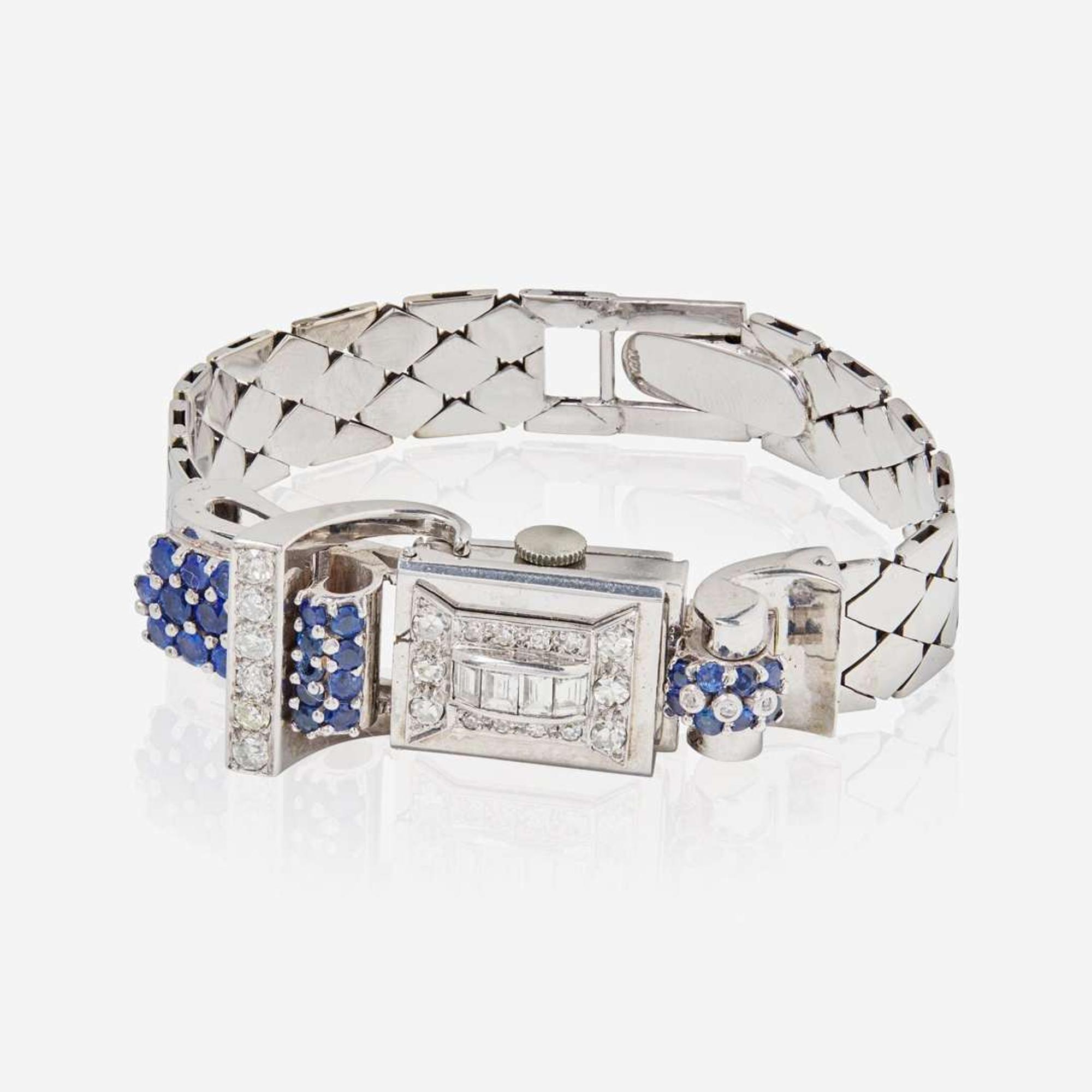 A Retro 14K White Gold, Diamond, and Sapphire Watch