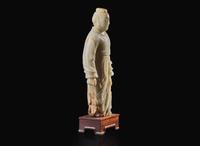 An unusual Chinese carved celadon jade figure of a man in long robes, possibly 18th century or earlier 玉雕人物 可能為十八世紀或更早