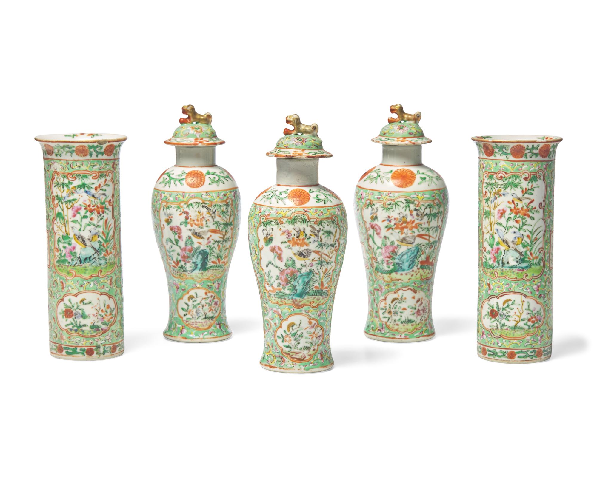 A Chinese Export Porcelain Famille Verte Five-Piece Garniture