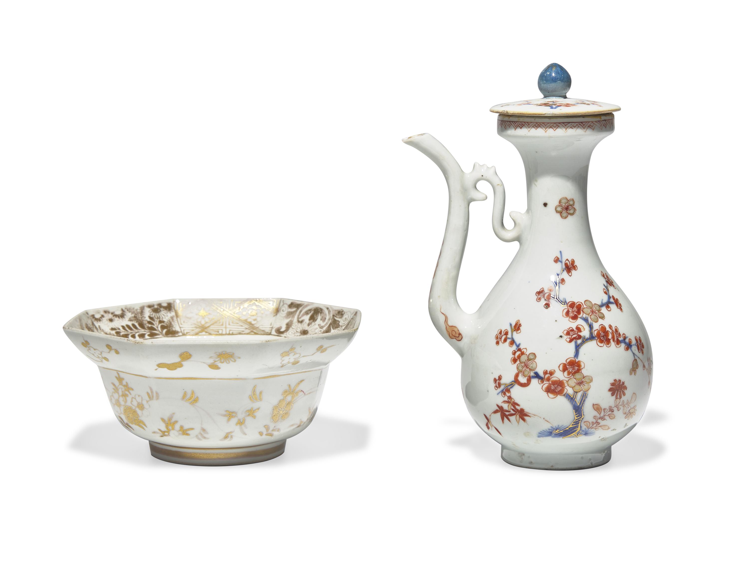 A Japanese Gilt Decorated Porcelain Octagonal Bowl and A Chinese Export Imari Style Sauce Cruet and Cover, 18th Century