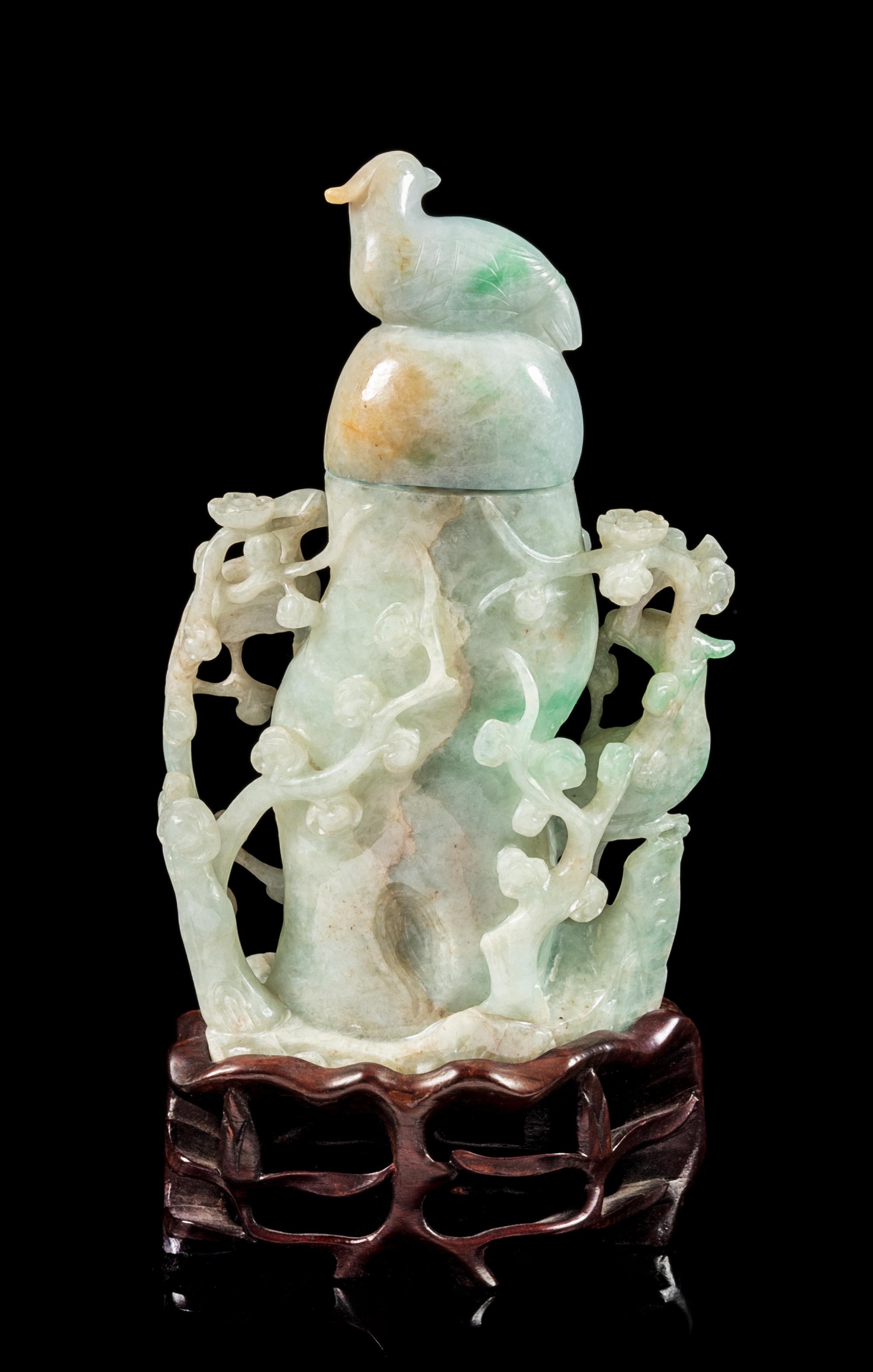 An Apple Green and Celadon Jadeite Covered Vase Height 9 3/8 inches. — 20TH CENTURY