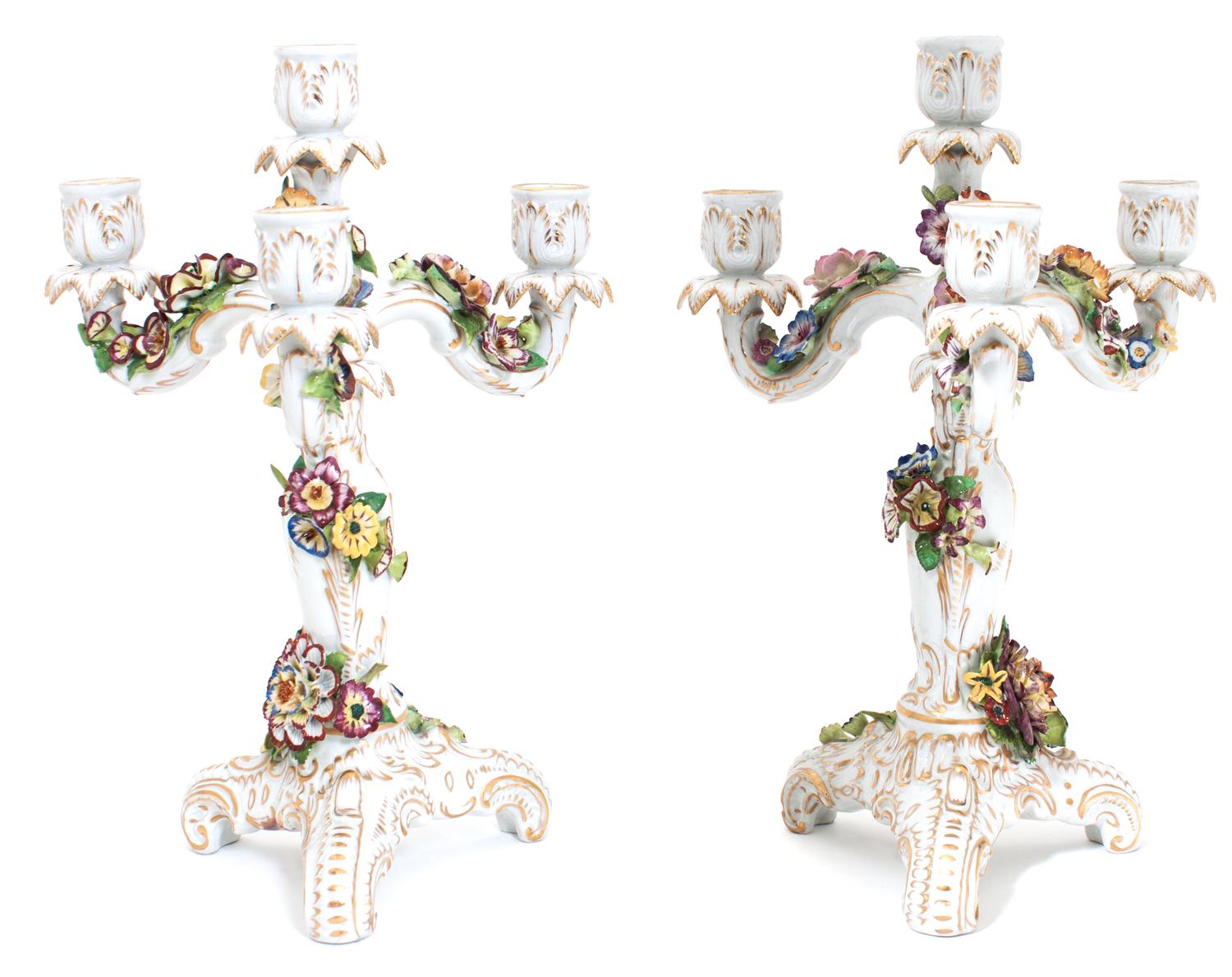 A Pair of Schumann Porcelain Candelabra Height 14 inches.