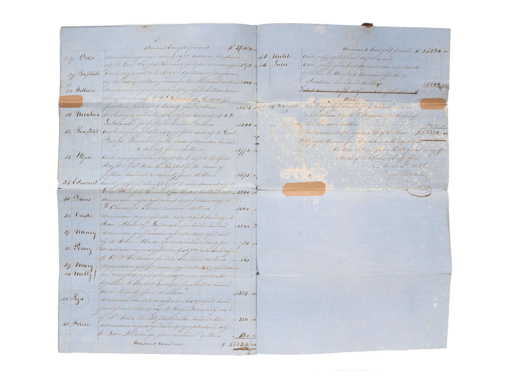 [SLAVERY & ABOLITION]. Manuscript "Process Verbal of Sale" of the late George Rixner, incl. list of 45 enslaved African Americans. St. Charles Parish, LA,1 March 1856.