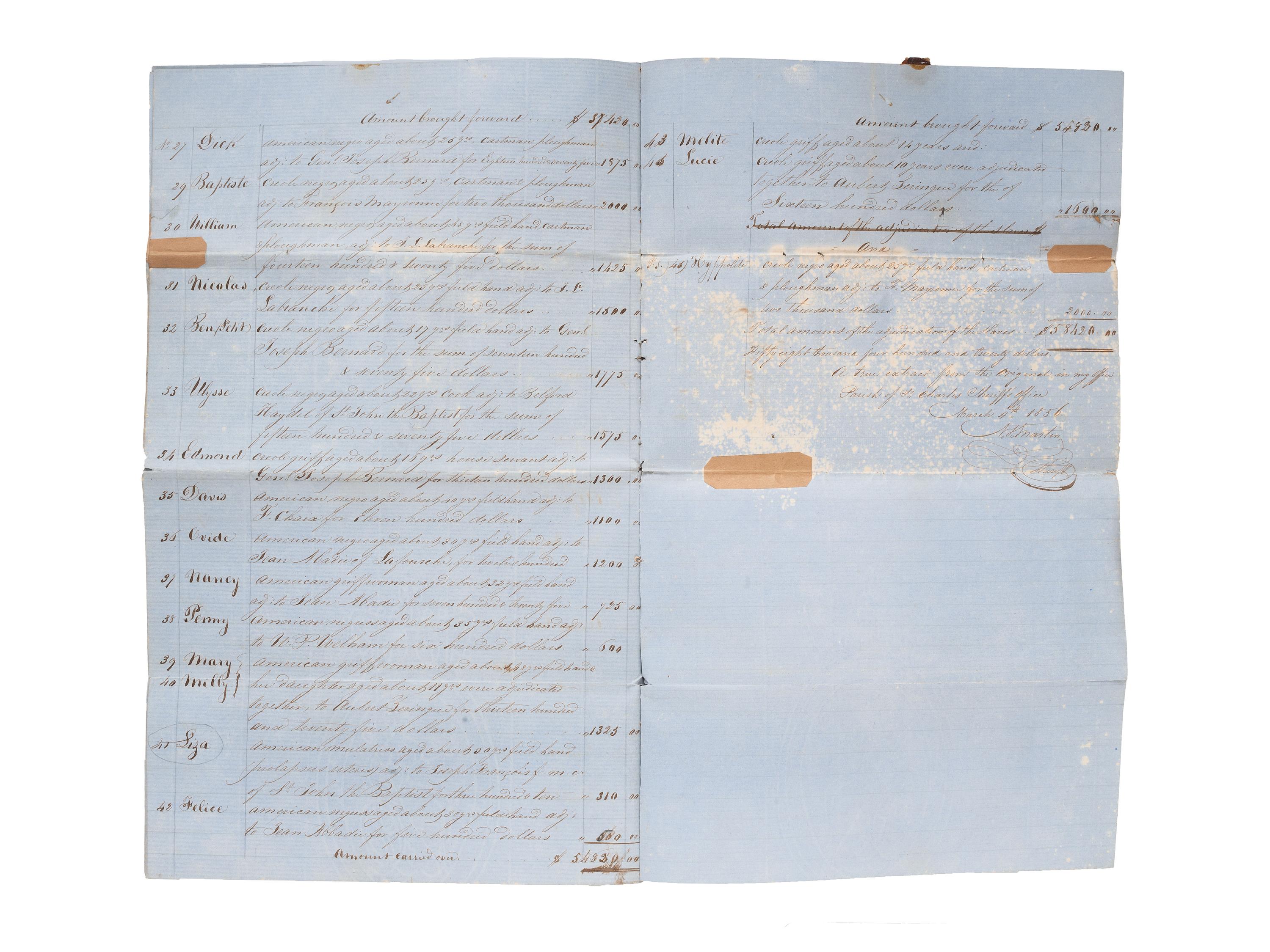 [SLAVERY & ABOLITION]. Manuscript "Process Verbal of Sale" of the late George Rixner, incl. list of 45 enslaved African Americans. St. Charles Parish, LA,1 March 1856.