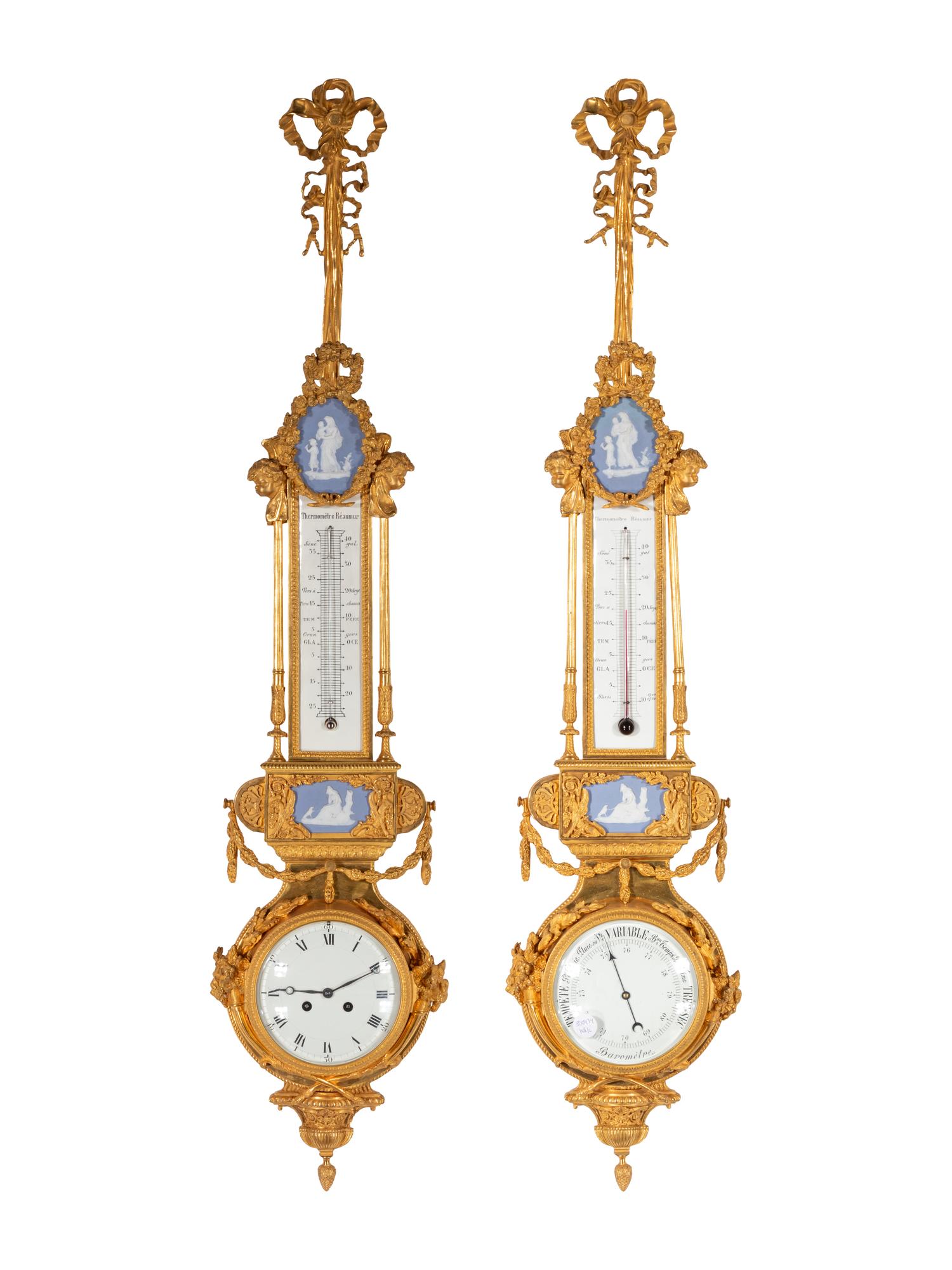 A French Neoclassical Gilt Bronze and Jasperware Cartel Clock and Barometer Set